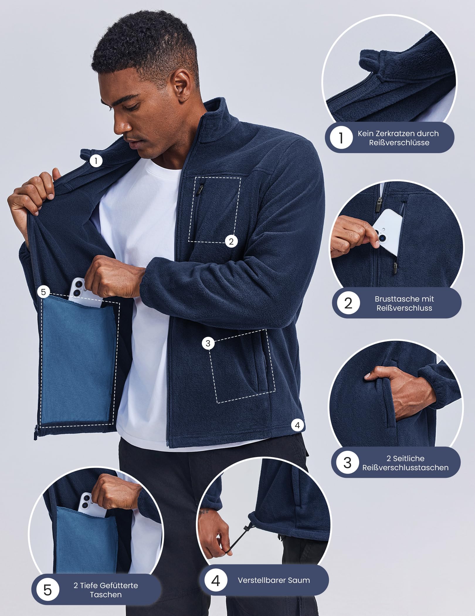 PINSPARK Veste polaire pour homme avec fermeture éclair intégrale - Veste d'hiver légère pour l'automne et l'hiver - Taille XL - Bleu foncé