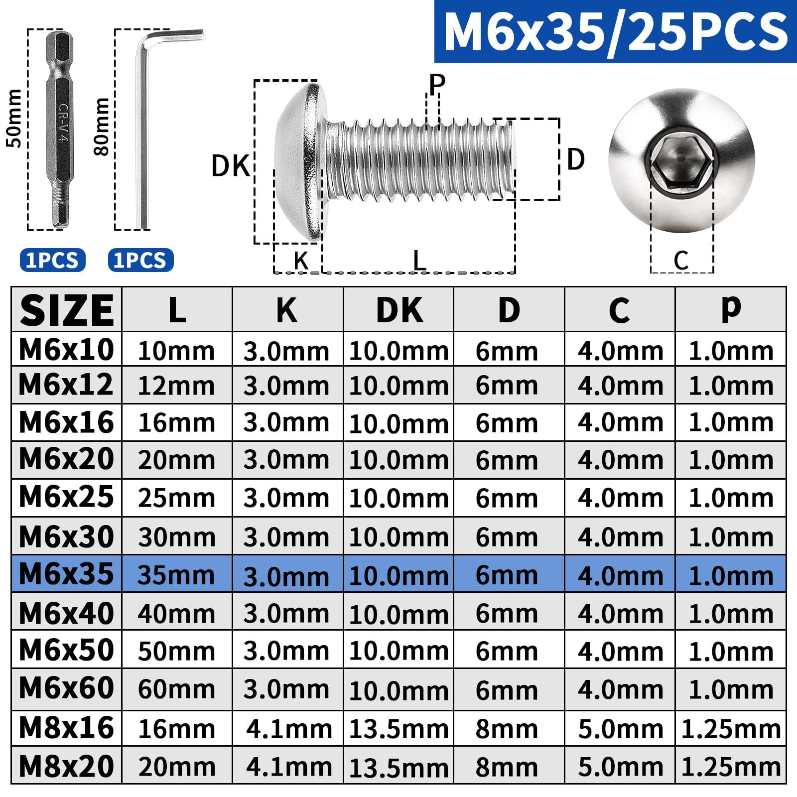 XRXYMQ M6 Bolts 25 Pcs Bolt M6 x 35 mm Hex Socket Button Head Screws Stainless Steel Bolts A2 Machine Screw for Home Furniture Wood Assembly Repair Industrial Electronic - Image 2