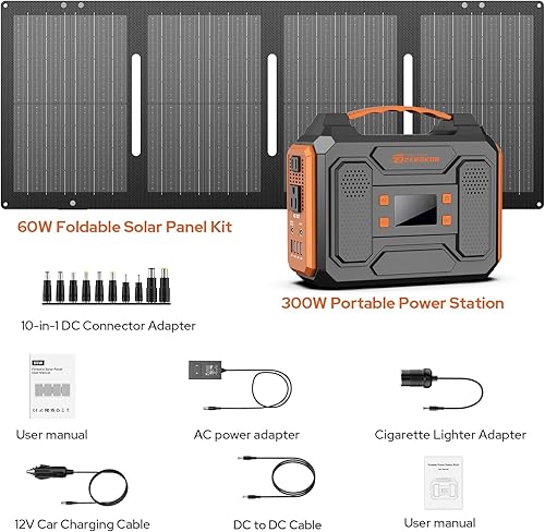 Miniatura 9 de Generador solar portátil, estación de energía portátil de 300 W con panel solar plegable de 60 W, onda sinusoidal pura de 110 V, batería de litio de