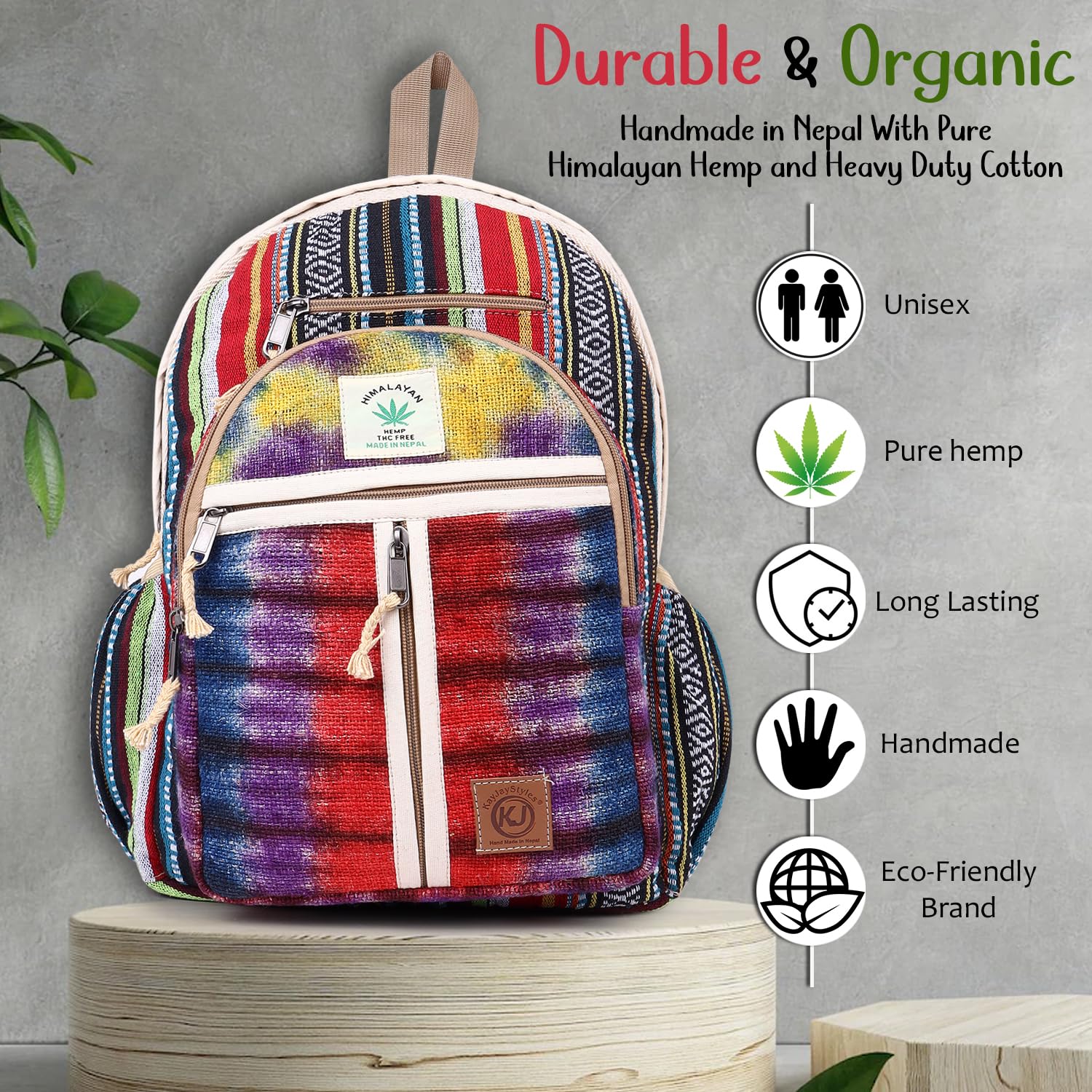 Mochila con múltiples bolsillos, hecha a mano, cáñamo del Himalaya, bohemio, viajes, senderismo, bolso, Bkpk-5, Large, Bohemia
