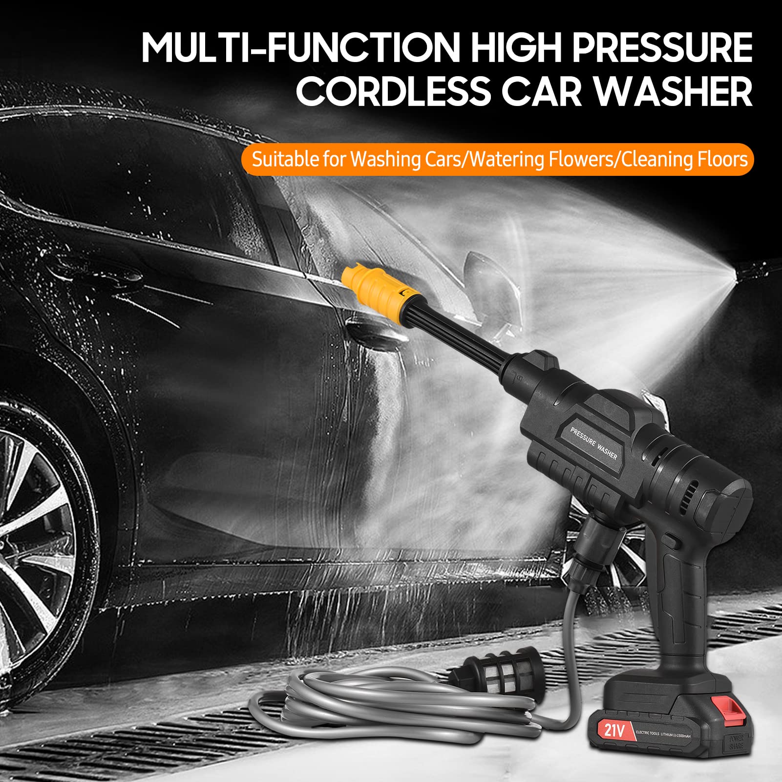 Hidrolimpiadora Alta Presion a Batería Geevorks Limpiadores de Alta Presión para Automóvil con Boquilla Ajustable 21 V Pistola Hidrolimpiadora Portátil para Lavar Coche/Regar Flores/Limpiar Pisos