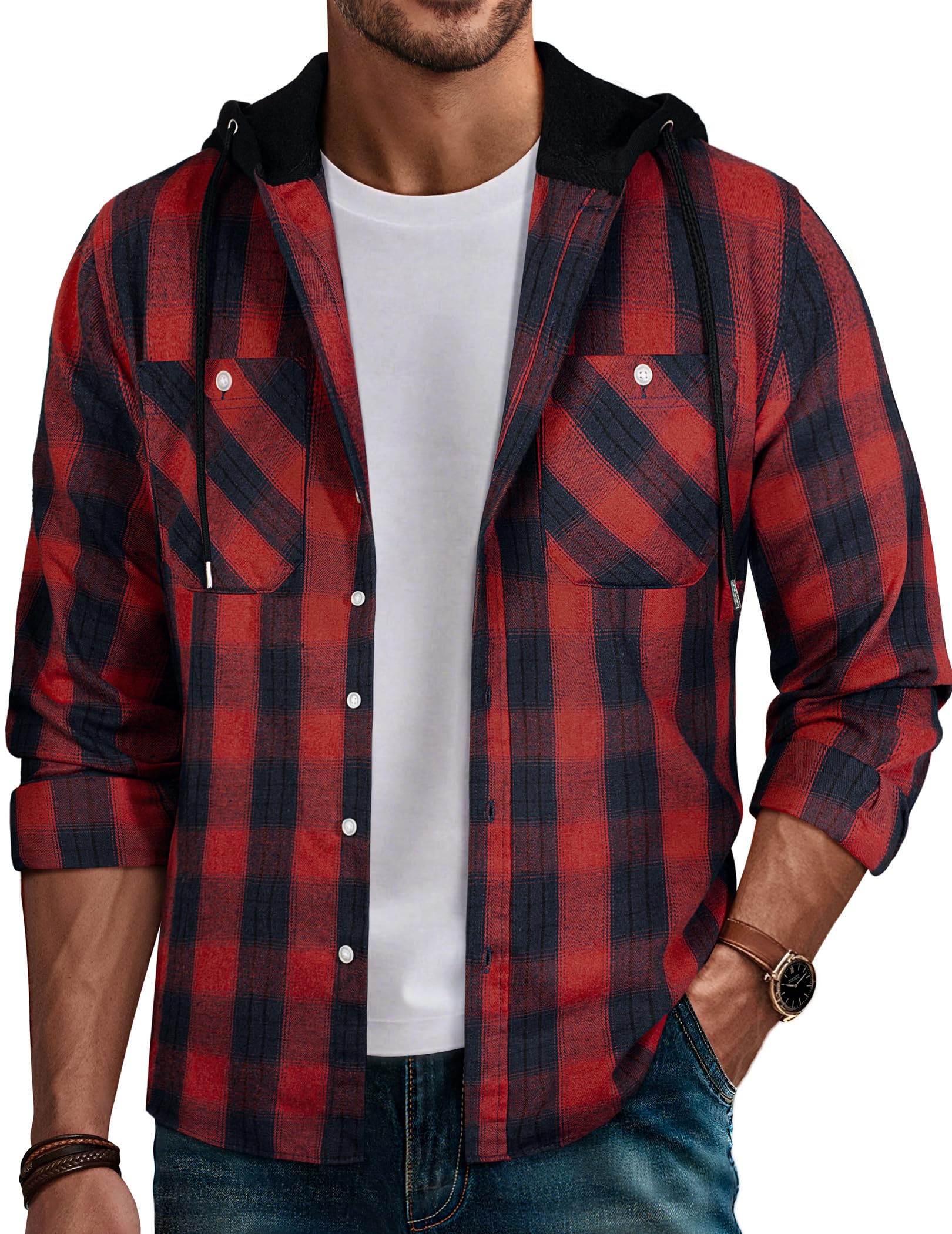 PJ PAUL JONESMen's Flannel Shirt Plaid Hoodie Casual Shirt Long Sleeve Lightweight Shirt Jackets