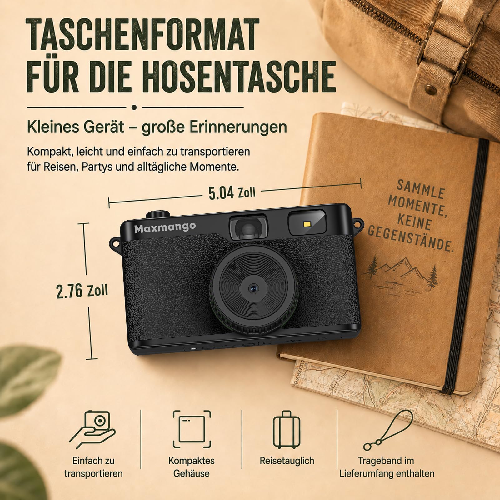 Maxmango D53 Retro Digitalkamera ohne Bildschirm, Einwegkamera-Ersatz, USB-C, 8GB SD-Karte, Schwarz
