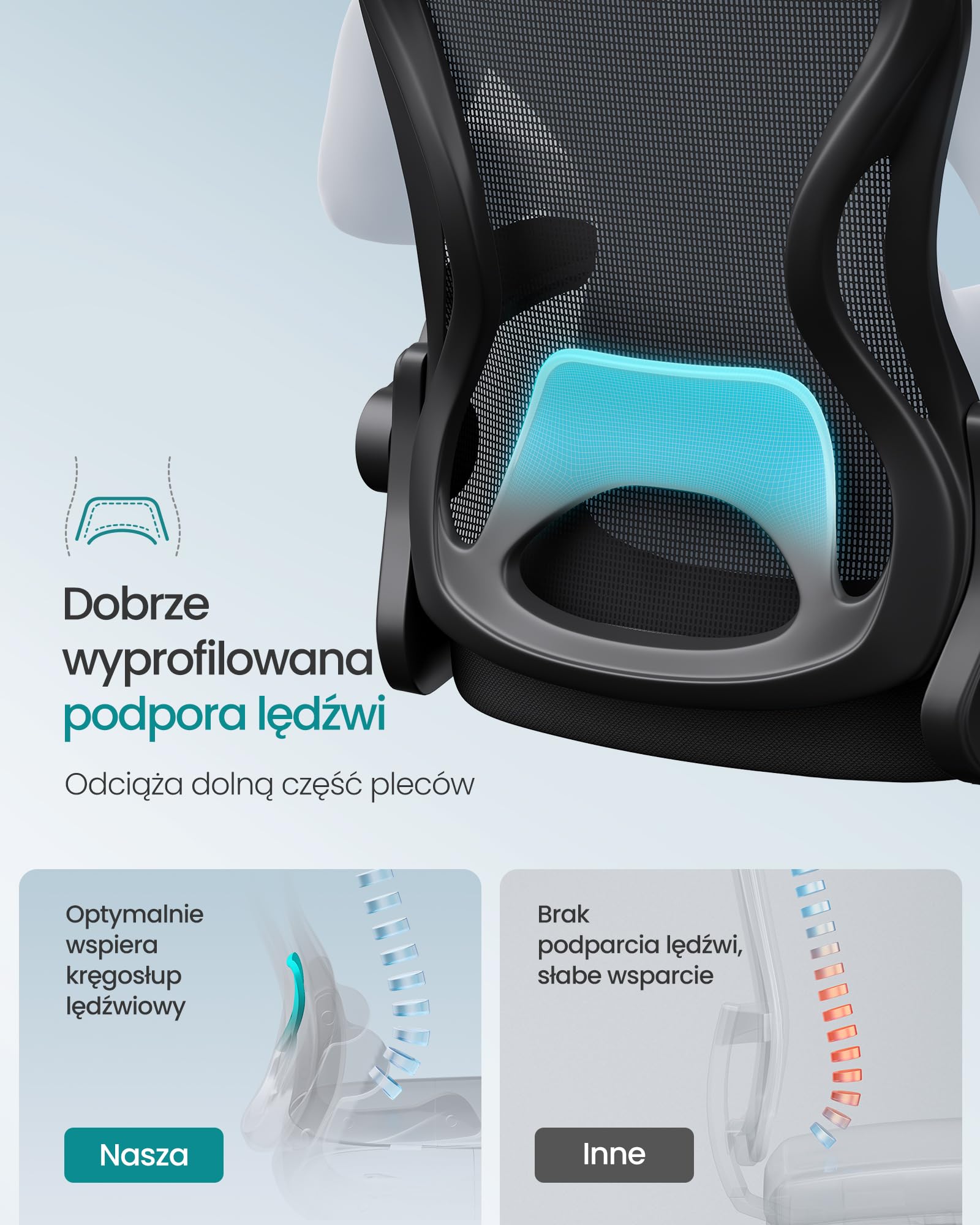 SONGMICS Ergonomiczny fotel biurowy, obrotowy z siatkową tkaniną, fotel biurowy z podparciem lędźwiowym, funkcja bujania, składane podłokietniki, do gabinetu, sypialni, atramentowy czarny OBN042BH02