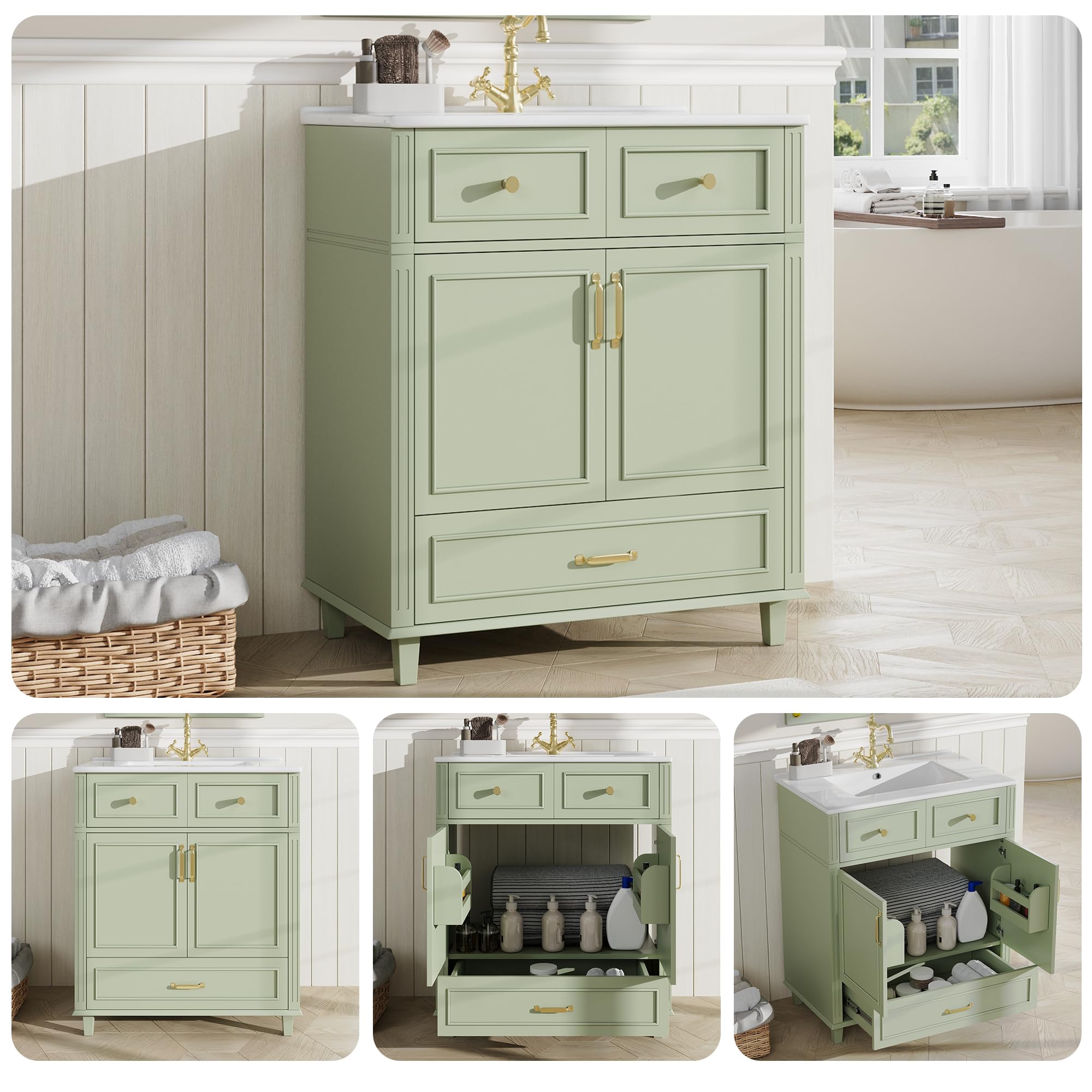 Meuble lavabo 81 cm avec Vasque en céramique, Petit Meuble sous-Vasque avec 3 Tiroirs et Rangement Caché, Poignées Dorées, Désign Simple Moderne, WC Invités, Salle de Bain, Vert-G