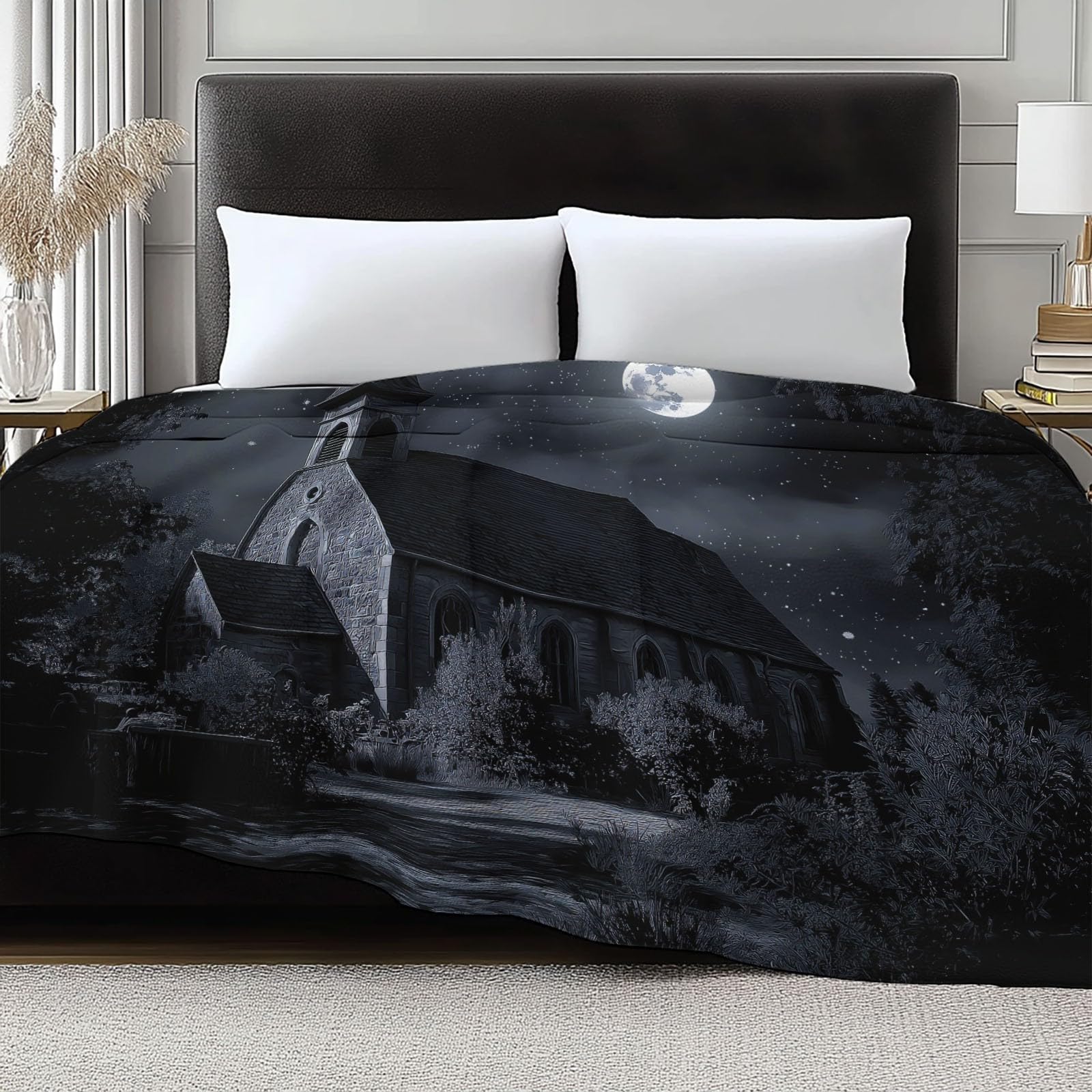 Generico Księżyc Kościół Gwiazdy Kościół Koc Polarowy, Czarny Flanelowy Koc W Kratę Na Sofę 220 x 240 cm - Sezonowa Dekoracja Domu Salon Sofa