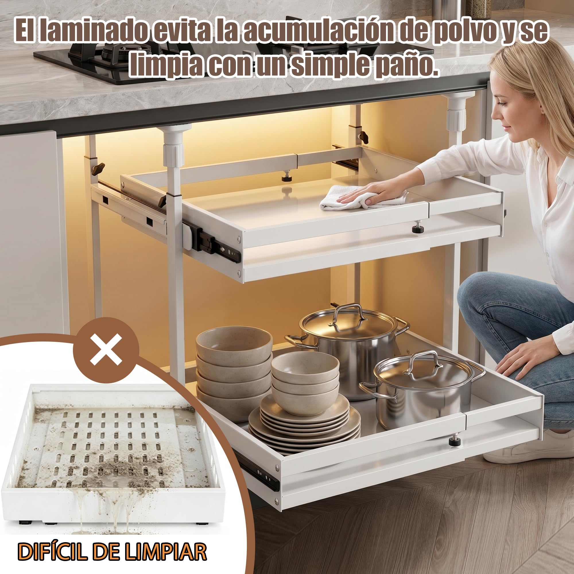 AQRA Pack 2 Cajones Telescópicos Metálicos sin Taladrar, Blanco | Altura 52,5–93cm, Ancho Regulable 33–52cm, Organizador Para Armarios de Cocina y Baño