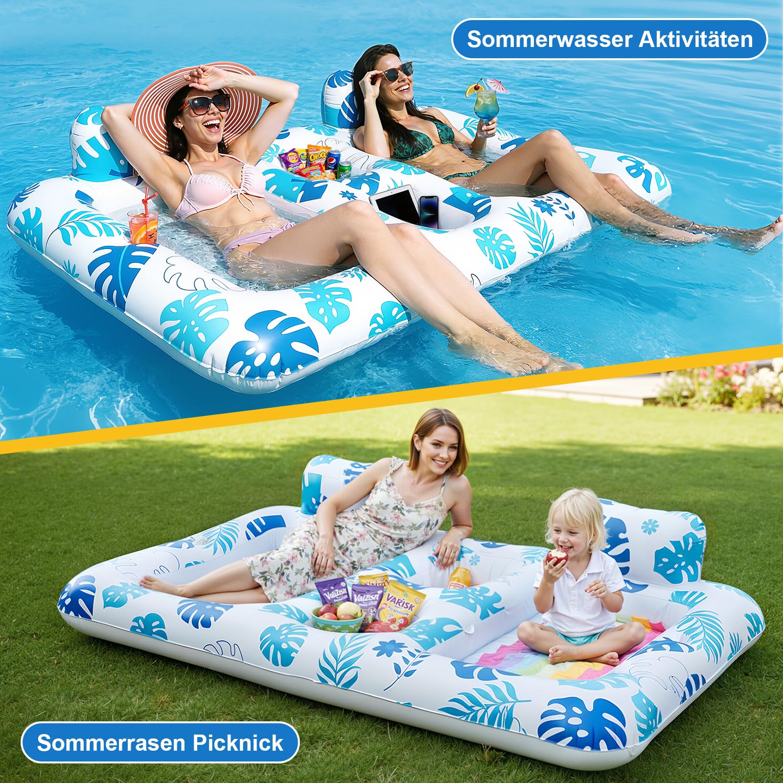 JONRRYIN Luftmatratze Pool, Doppelte Deluxe Luftmatratze Wasser Erwachsene, Groß Solarium Tanning Pool Matratze mit Kissen Praktischem Ablageplatz für Wasser Party Strand Sommerspaß