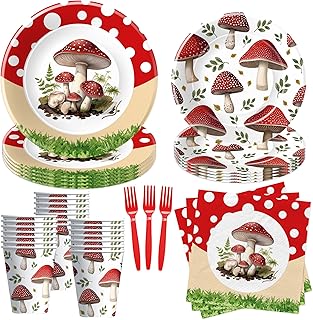 APOWBLS Mushroom Birthday Decorations Party Tableware - Mushroom Baby Shower Decorations And Supplies, Paper Plate, Cup, Napkin, Disposable Disposable Fork | Serves 24