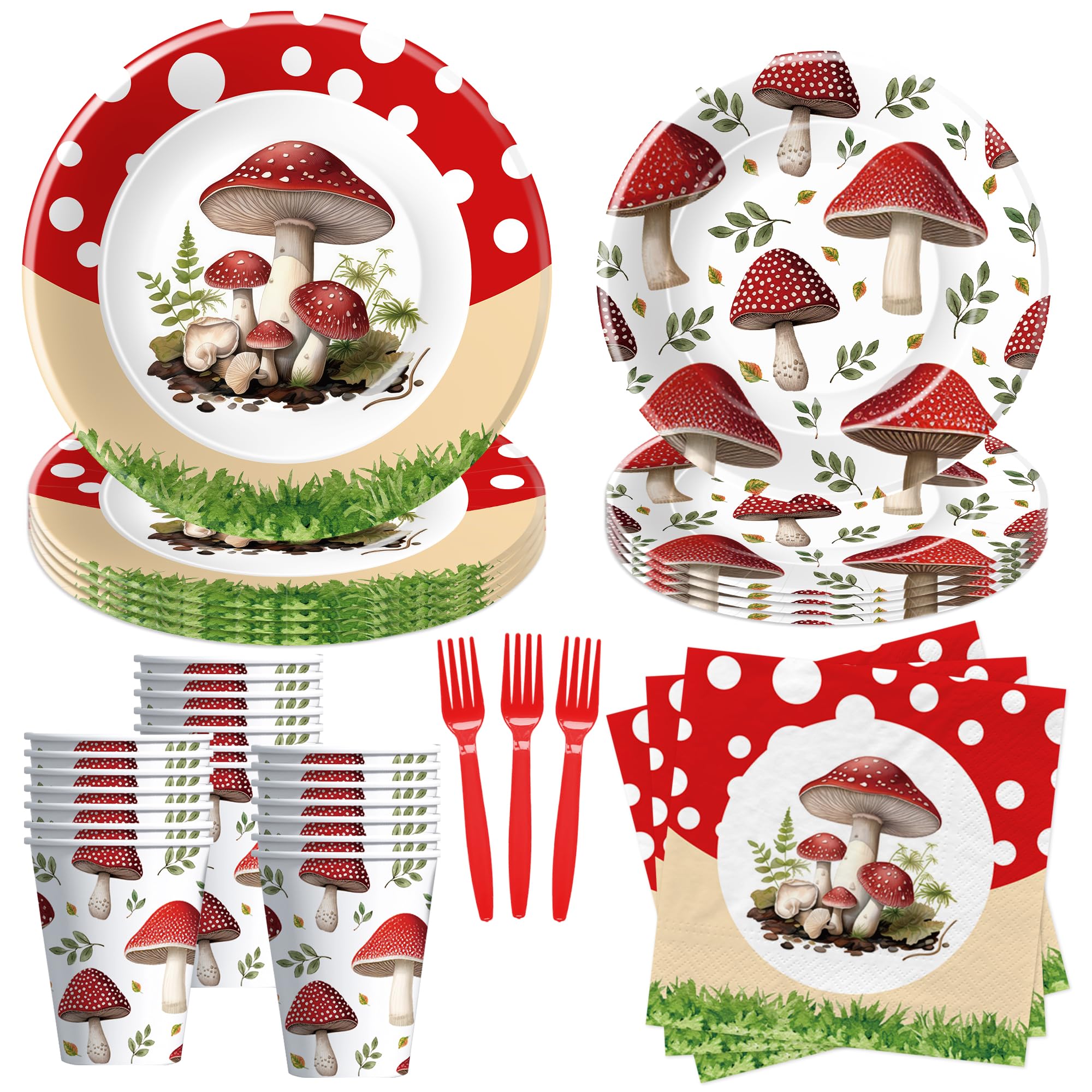 APOWBLS Mushroom Birthday Decorations Party Tableware - Mushroom Baby Shower Decorations And Supplies, Paper Plate, Cup, Napkin, Disposable Disposable