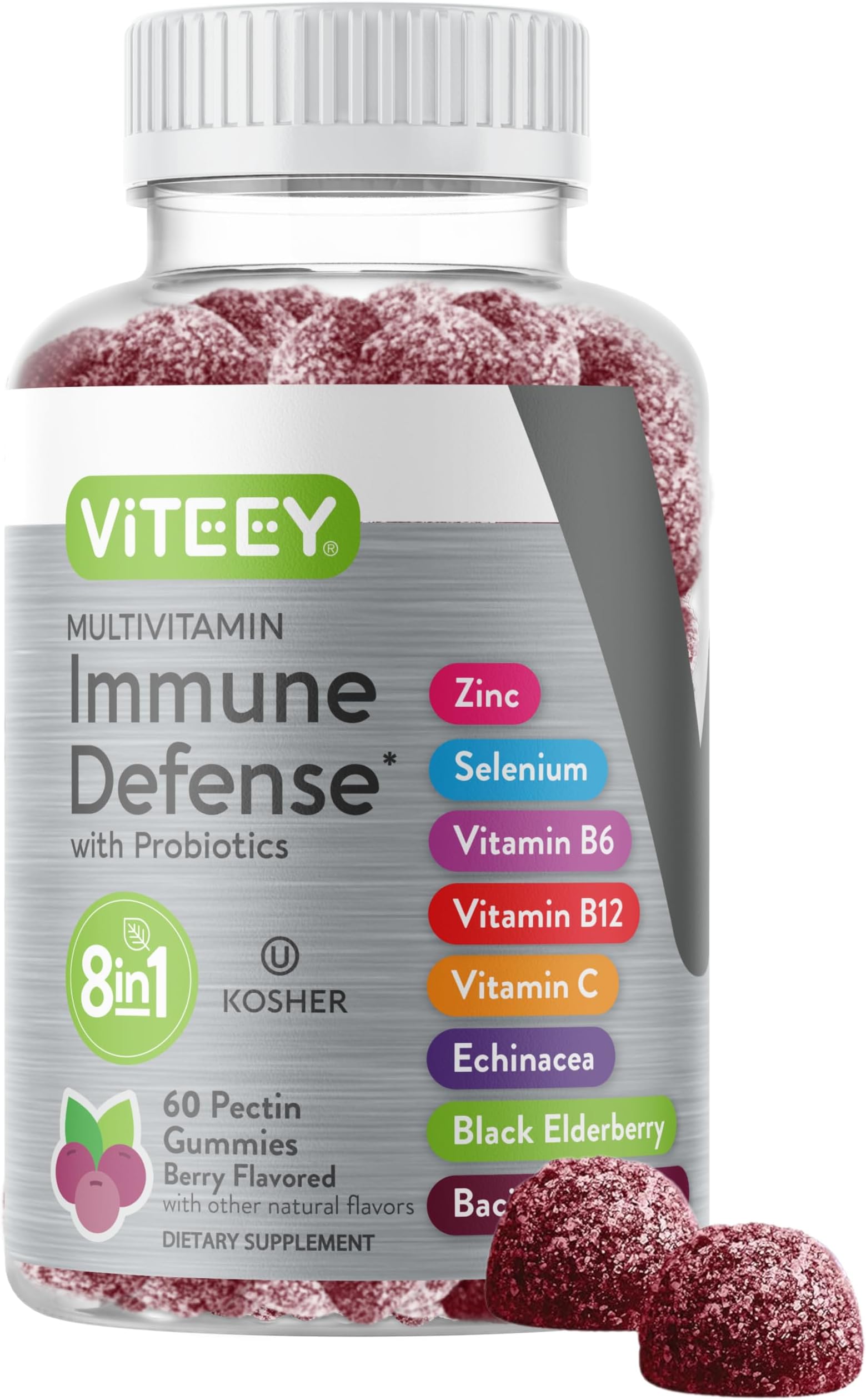 Multivitamin Gummies 8 in 1 Immune Support Supplement with Probiotics - Immune Boosters for Adults & Teens - Vegan, Gelatin Free, GMO Free - Chewable Berry Flavored Pectin Immune Defense