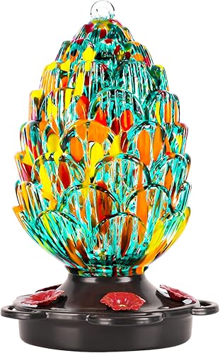 LUJII Comedero para colibríes de vidrio soplado a mano en forma de cono de pino para colgar en exteriores, a prueba de óxido y fugas, 25 onzas