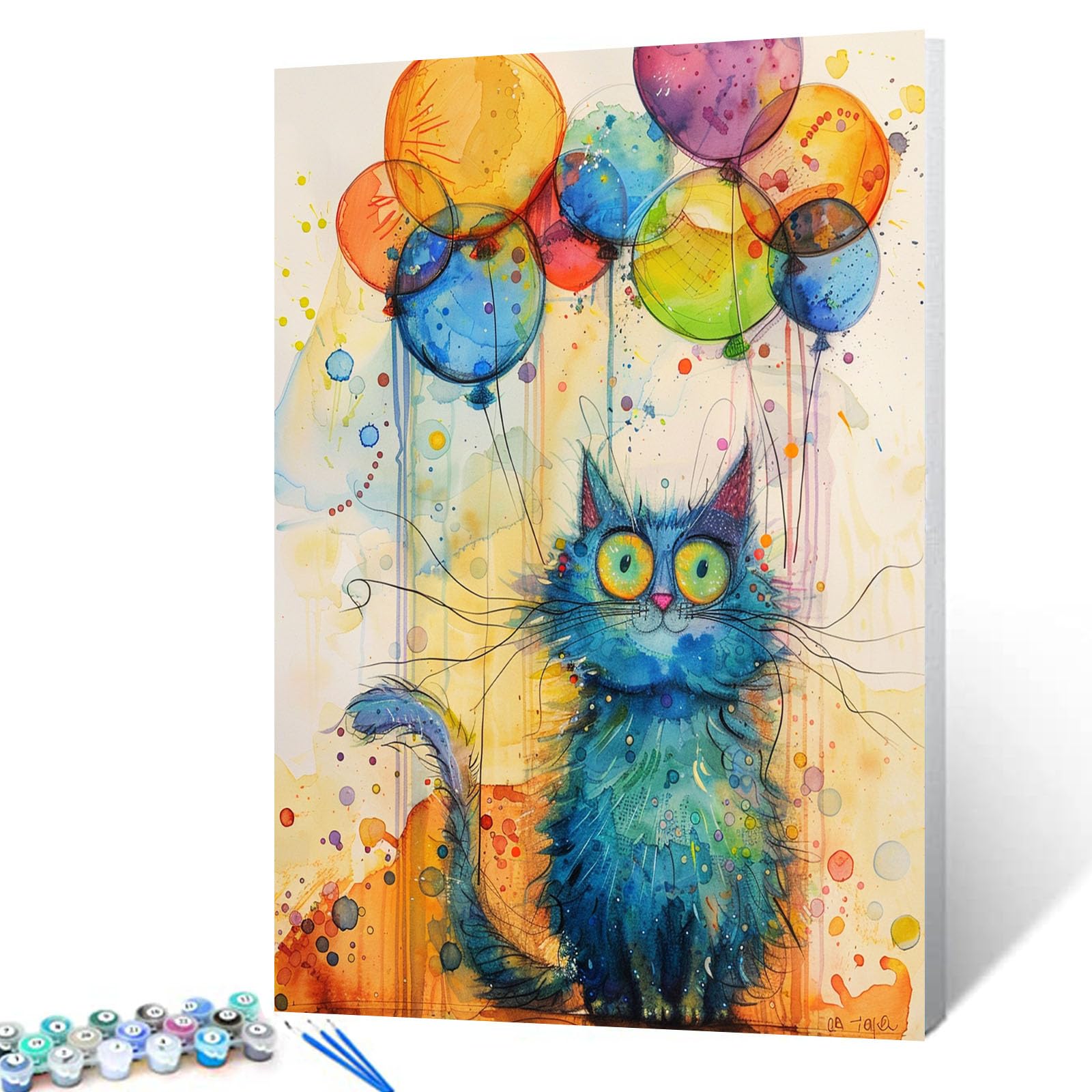 Tucocoo Abstract Blue Cat Paint by Numbers Kits 16x20 inch Canvas, Watercolor DIY Oil Painting for Adults with Brushes and Acrylic Pigment, Colorful