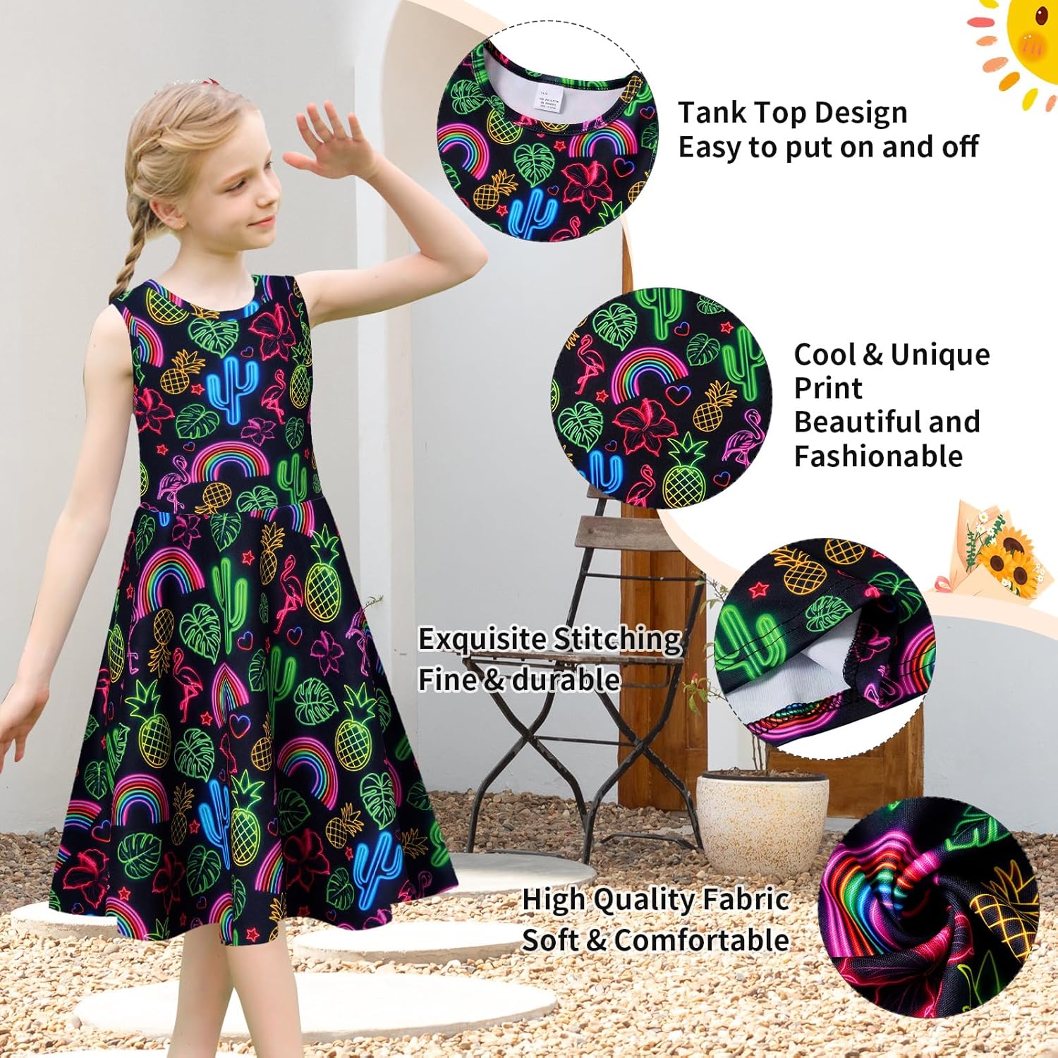 uideazone Girls Sleeveless Dress Round Neck Floral Printed Sundress for Casual Home Party Beach 4-12 Years - Image 6