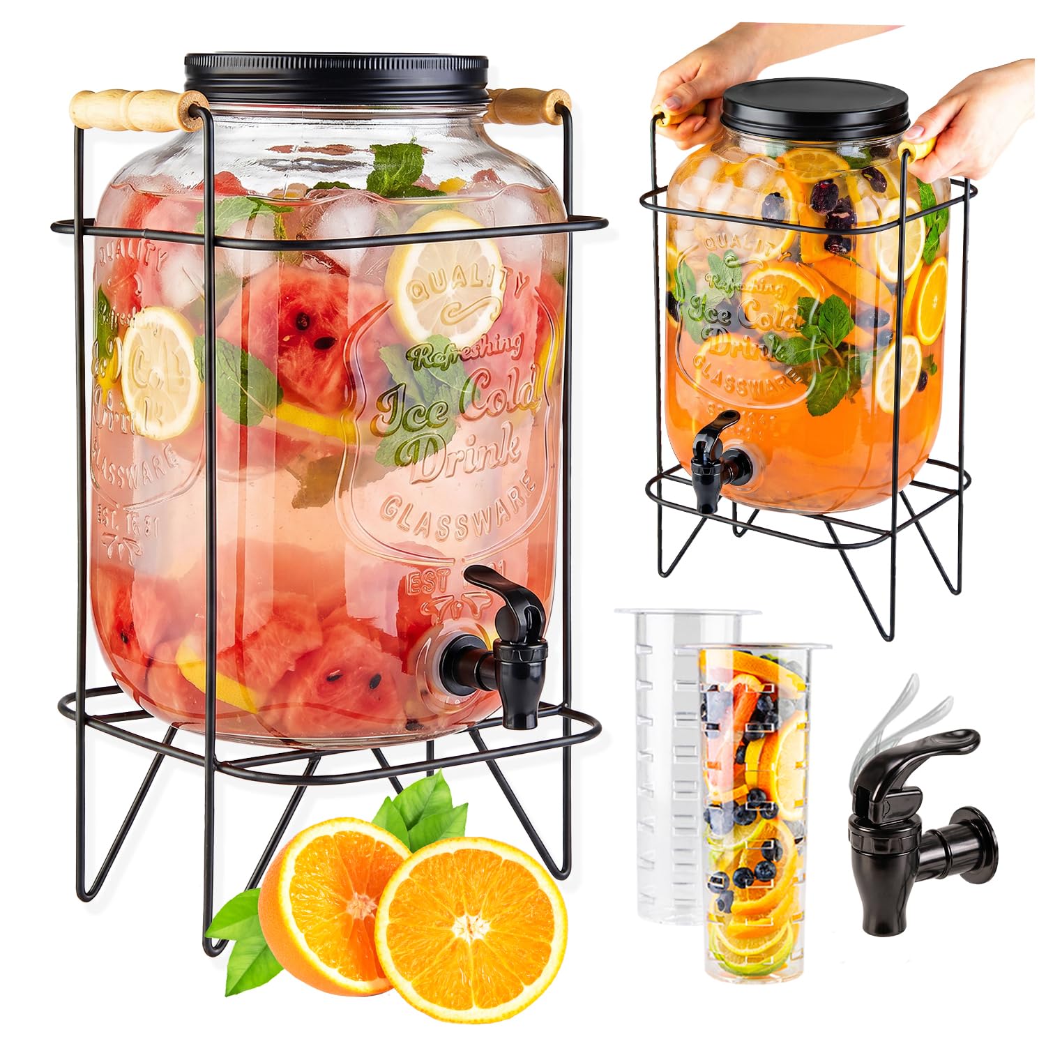 Dispenser di bevande in vetro da 8 l, con rubinetto in acciaio inox nero, supporto e coperchio (rubinetto in acciaio inox nero da 8 l, coperchio nero)