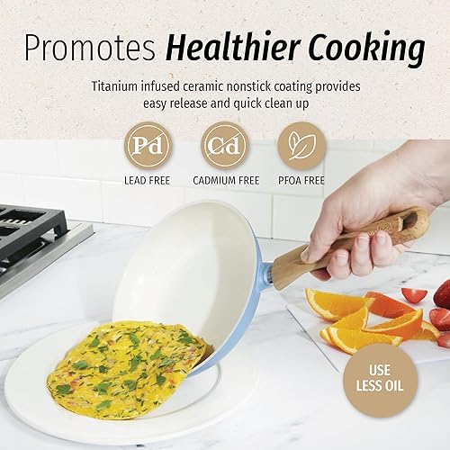 Miniatura 4 de GoodCook Sartén de cerámica saludable con infusión de titanio de 10 pulgadas, azul claro, utensilios de cocina de inducción, sartén antiadherente,