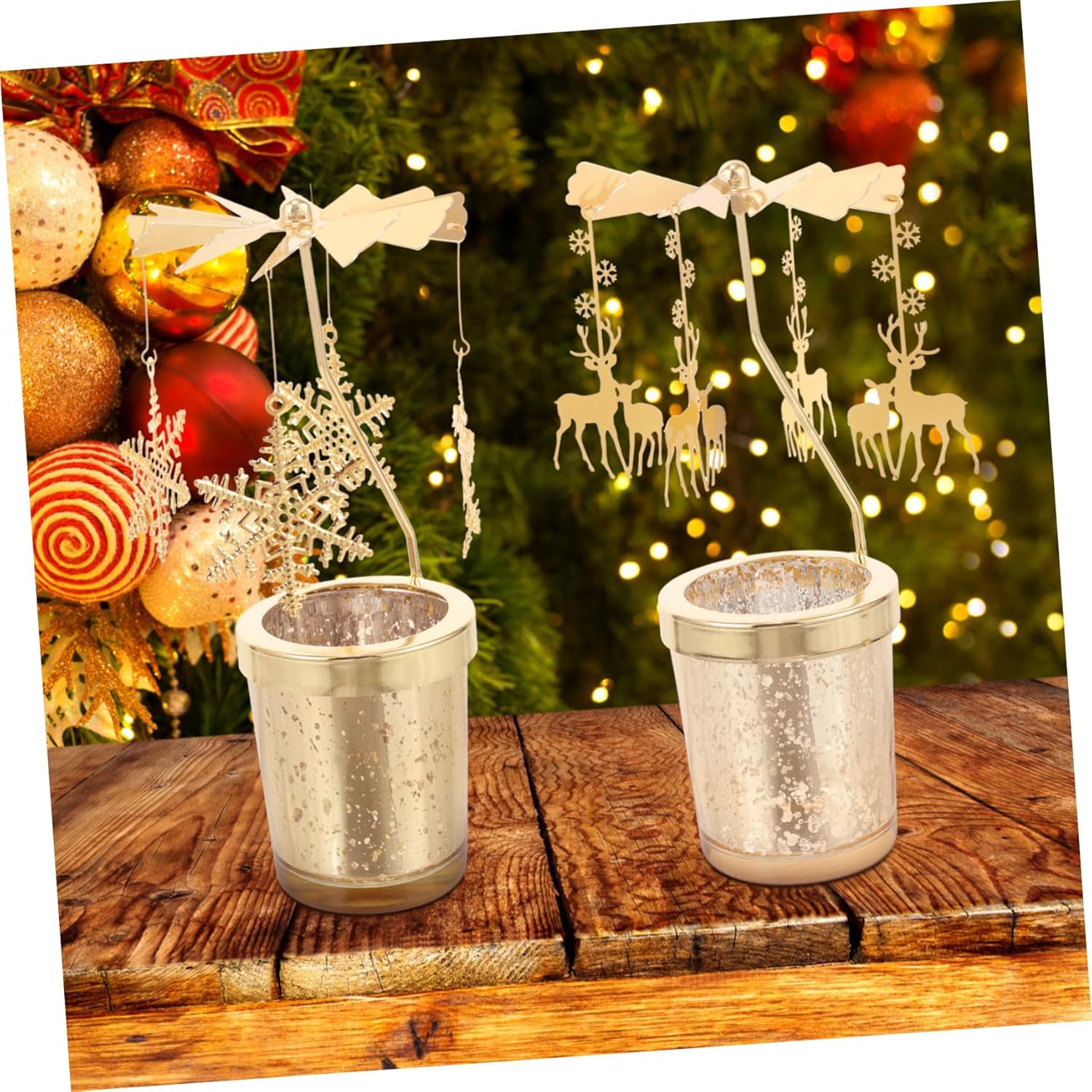 Homoyoyo 2pcs Christmas Candlestick Metal Rotating Candle Holder for Table Decor Snowflake and Deer Design for Holiday Parties Weddings Home and Restaurant Decoration