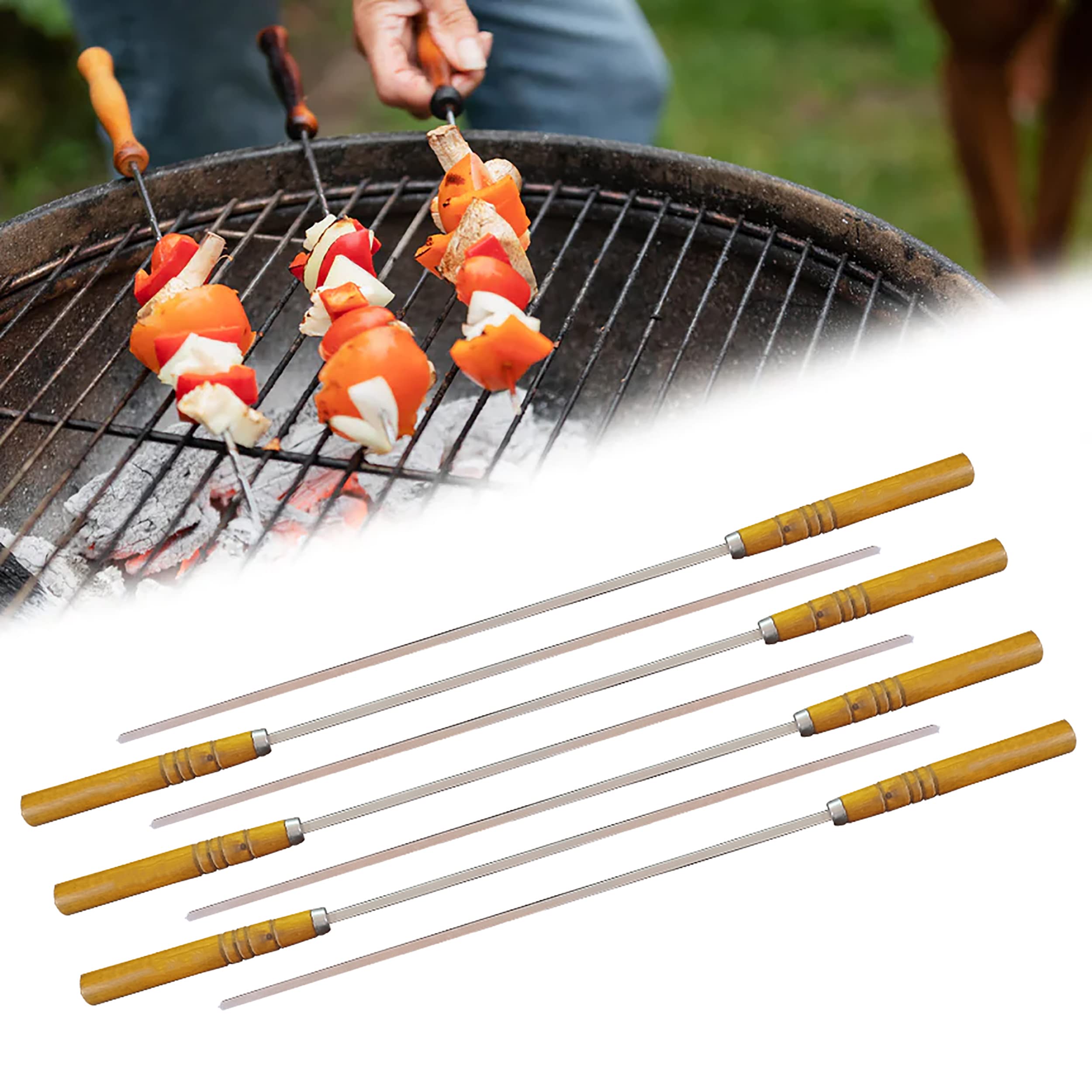 MeeTo Stainless Steel Wide Reusable BBQ Barbecue Metal Flat Skewers (Stick) with Nonslip Wood Handle for Paneer Tikka, Meat, Kabab, Shrimp, Chicken, Vegetable, Outdoor Cooking, Grilling, Pack of 20 (B0BRTZZ4N9) Amazon Price History, Amazon Price Tracker