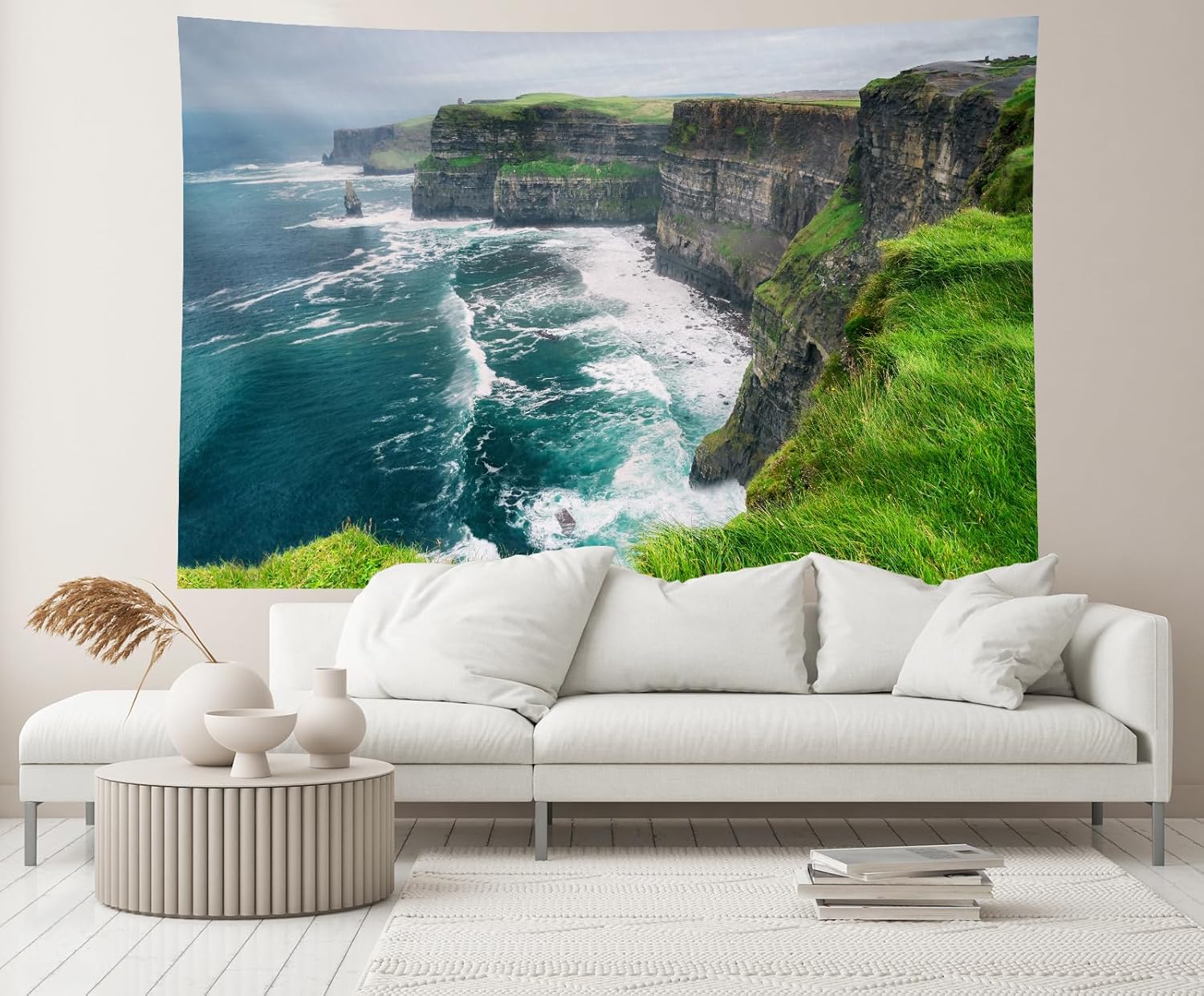 CHNYWORK 118x78 Inches Moher Cliffs Tapestry Wall Hanging Green Grass Meadow Sea Waves Ireland Atlantic Ocean Scenery Background Living Room Bedroom Aesthetic College Dorm Wall Decor