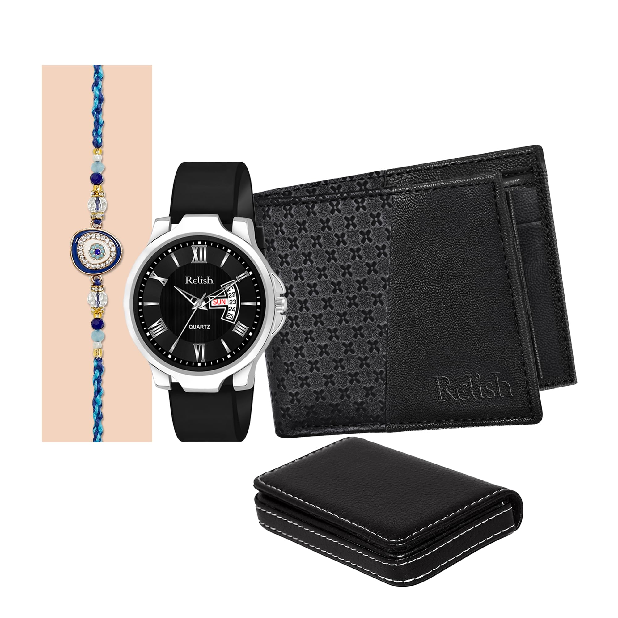 Relish Rakhi Gift Combo Pack | Watch, Wallet, Evil Eye Rakhi and Card Holder | Raksha Bandhan Gift Hamper for Brother (B0D4ZF7TT1) Amazon Price History, Amazon Price Tracker