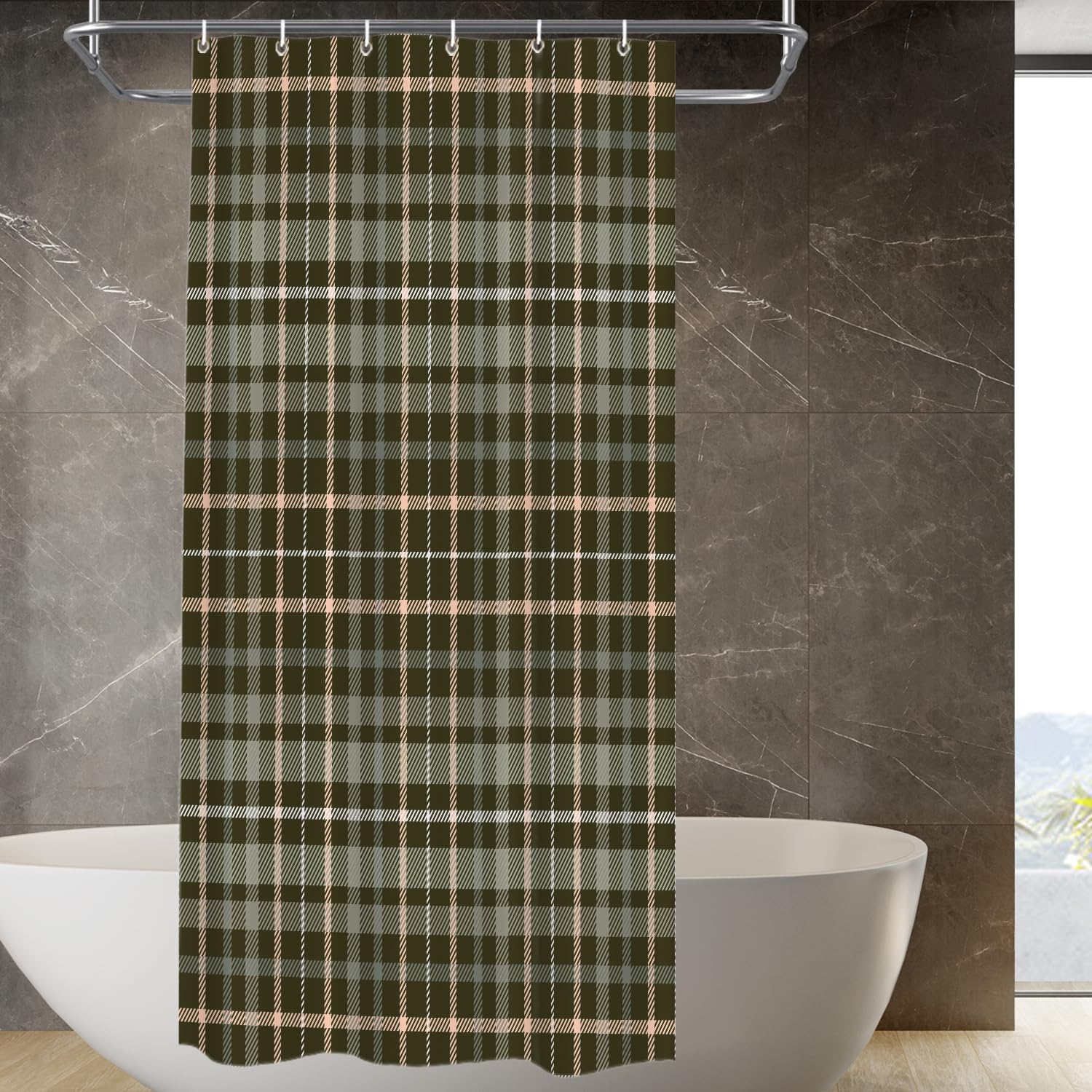 BaoNews Gray Green Plaid Pattern Decor Shower Curtain,Scottish Green Brown Retro Tartan Polyester Shower Curtain for Shower Stall Bathroom Waterproof with 6 Hooks 36x72 Inch