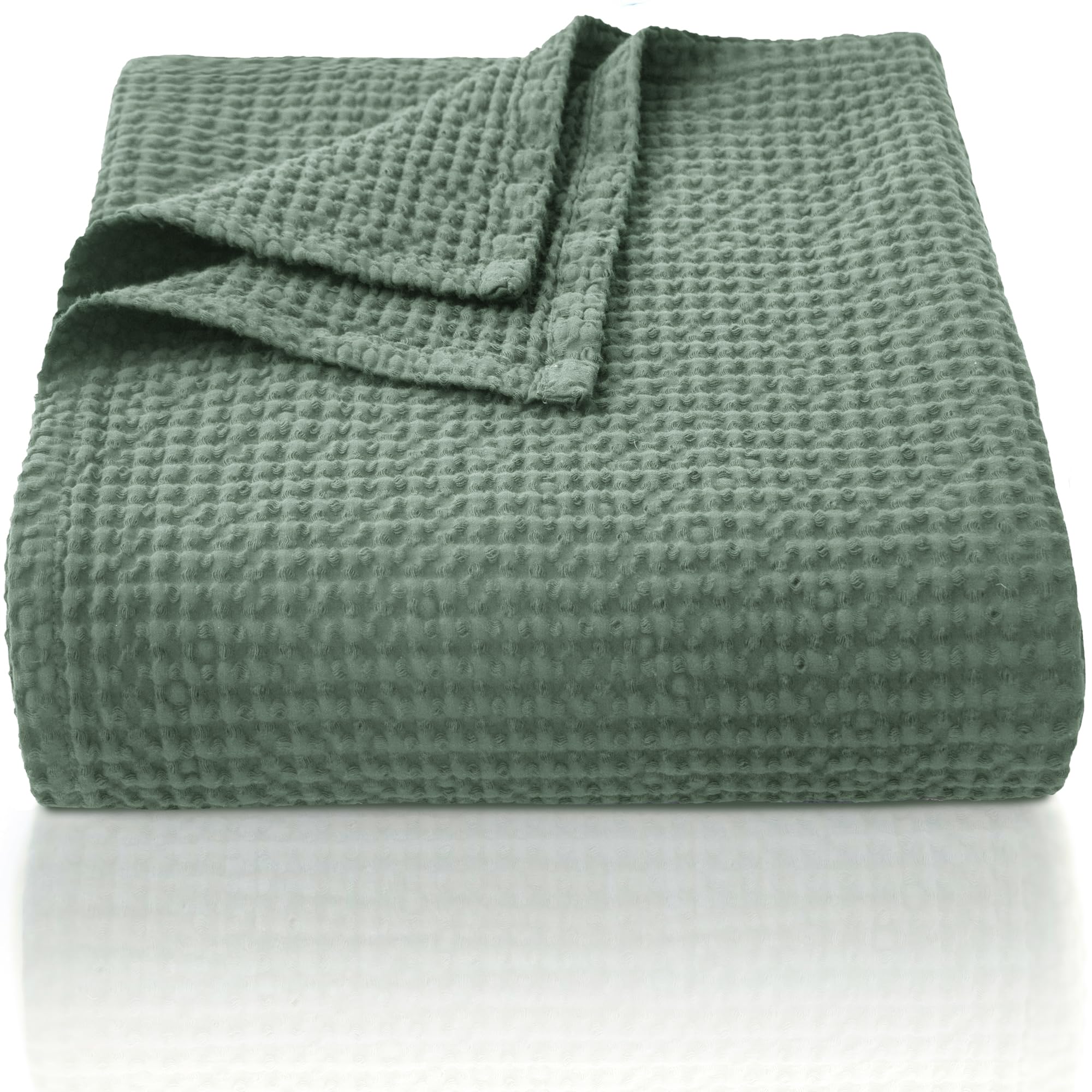 CHUFFED 100% Baumwolle Decke 130 x 150 cm, Weiche und Atmungsaktive Tagesdecke, Waffelmuster Leichte Decke als Sofadecke Couchdecke, Weich Kuschelige Wohndecke Wohnzimmer, Sofa Couch Grün