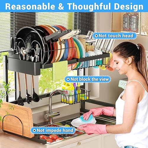 Miniatura 5 de ADBIU Escurridor de platos 2024 para colocar sobre el fregadero (altura ajustablelongitud), diseño a presión, escurridor de platos grande de 2