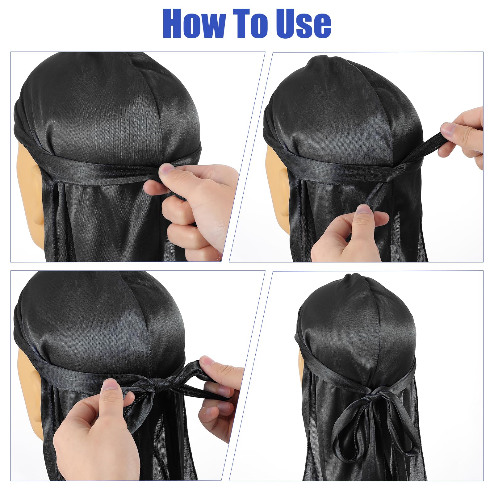 Wanmu 4Pcs Kids Silky Durag with Wave Caps Set, Silky Satin Durag Extra Long Tails, Long Tail and Wide Strap Headwraps - Image 3