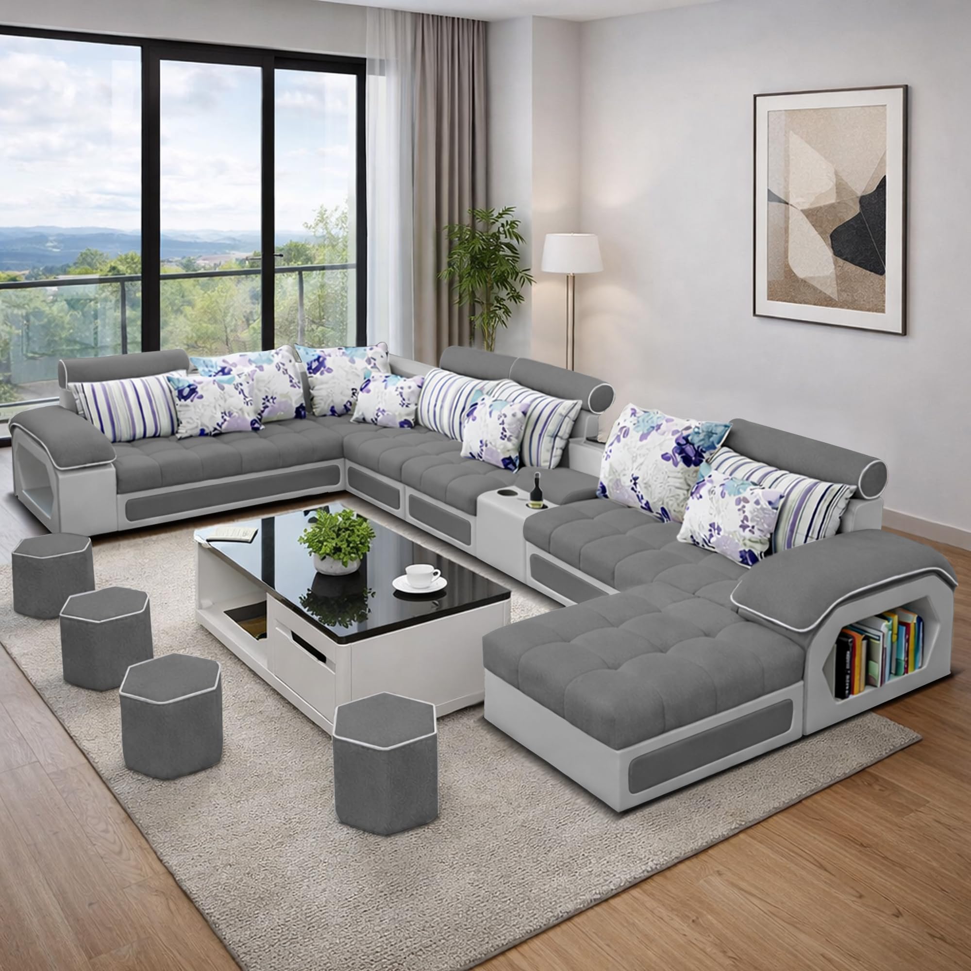 Ronion 12 Seater Comfortable Sectional Sofa Set with Ottoman for Living Room (Grey Dark Grey) Premium Fabric Interchangeable U Shape Sectional Sofa with 4 Puffy for Guest Room-image-47