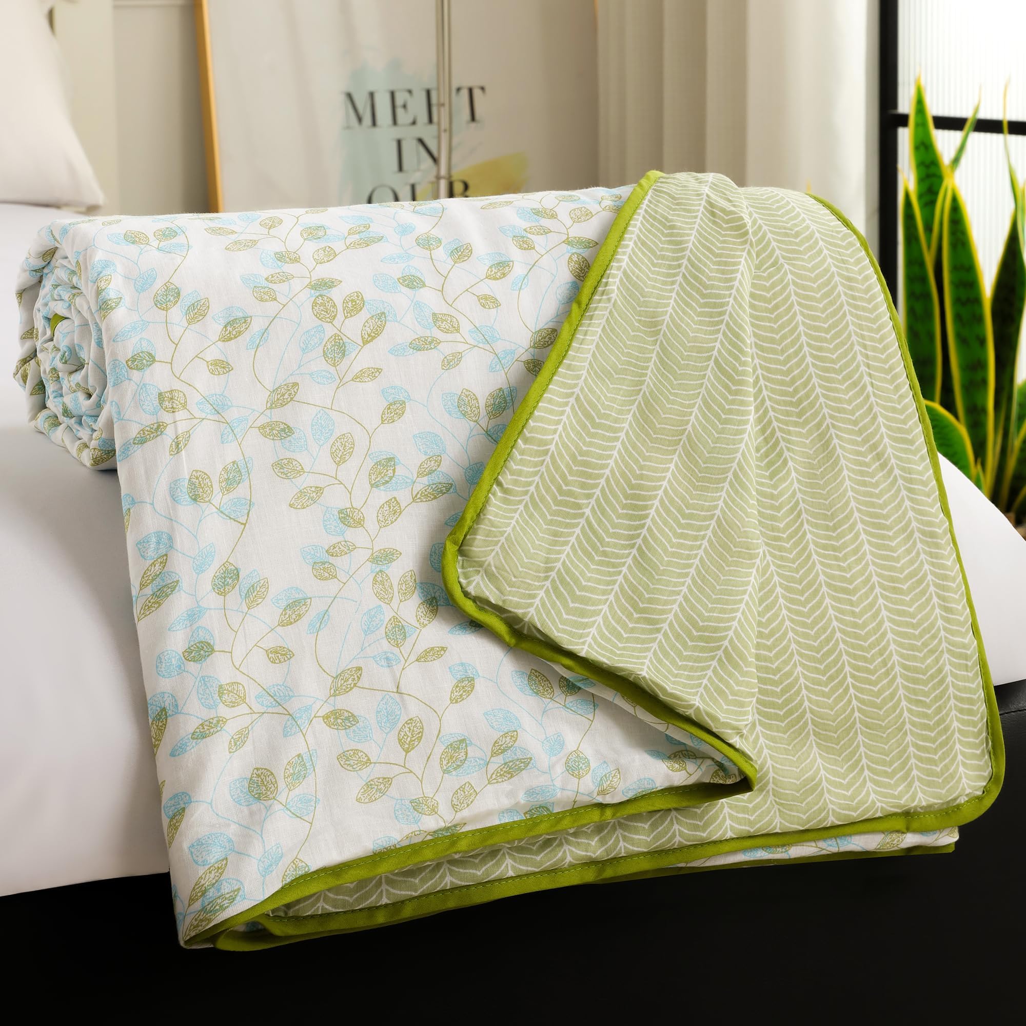 - Dohar Double Bed Cotton | 150GSM 225 x240 cm Quilt AC Blanket for Summer | AC Comforter Double Bed | White & Olive Green Leaf Design Reversible Design Duvet | All-Season Blanket