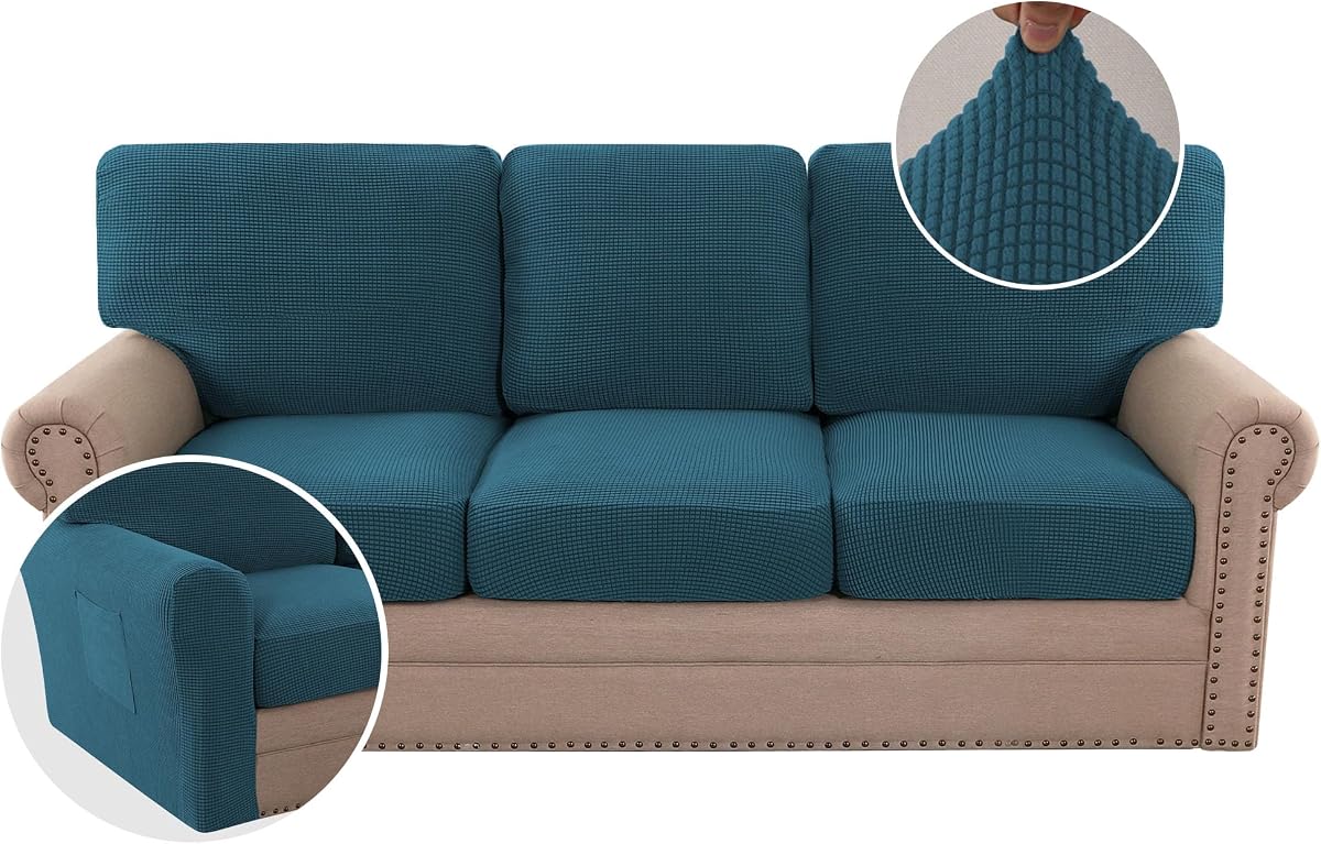 Fundas de sofá de varias piezas Fundas de sofá elásticas que forman asientos y fundas de cojines de respaldo ajustables (3 fundas de asiento más 3 fundas de cojines de respaldo, 2 fundas de reposabrazos adicionales), verde azulado profundo