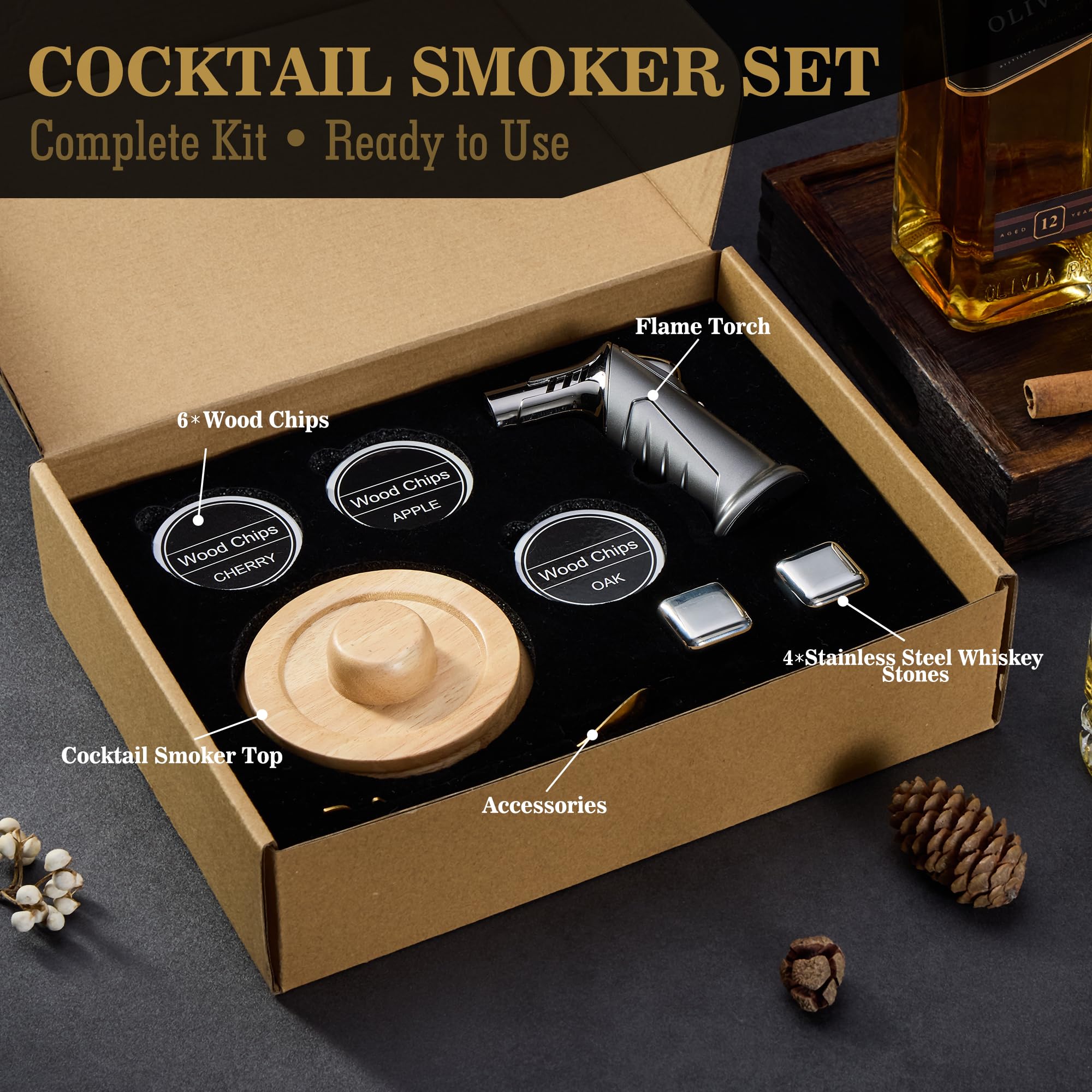 Zestaw wędzarniczy do koktajli – zestaw do whisky z 6 drewnianymi chipsami, 4 kamieniami do whisky ze stali nierdzewnej i ulepszonym palnikiem – zestaw do wędzenia w stylu Old Fashioned i