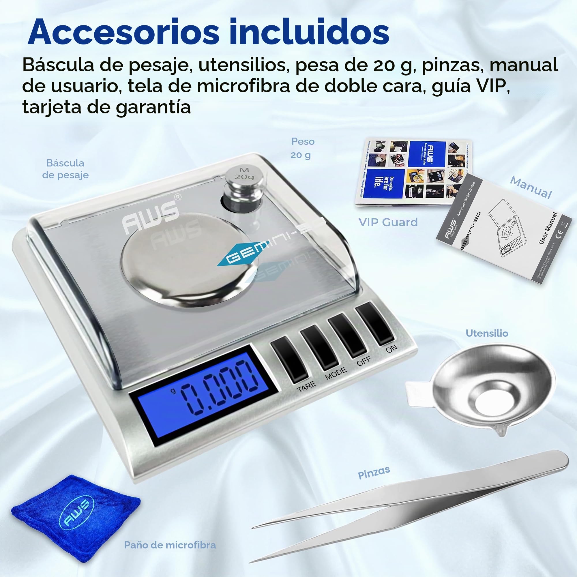 AWS Gemini-50 - Báscula digital de 50 miligramos de 50 g x 0,001 g - Báscula digital para joyas/laboratorio para polvo, oro, gemas - Incluye pesos de calibración, pinzas y bandeja - Tara, cal, 6