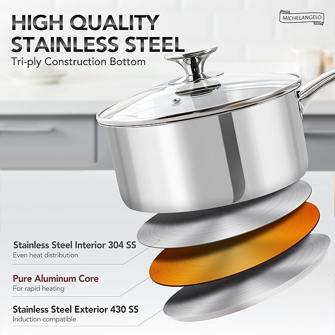 The Michelangelo Saucepan Set is engineered for excellence, featuring an extra thick, impact-bonded aluminum disc at the base for quick, even heat distribution that eliminates hot spots. Versatile and adaptable, these saucepans are compatible with all types of cooktops, including gas, electric, induction, ceramic, and glass. With a premium mirror finish, they are easy to clean and maintain — they're dishwasher safe and won't discolor over time. Plus, they withstand oven and broiler temperatures up to 600°F, offering you professional-grade performance right in your kitchen.