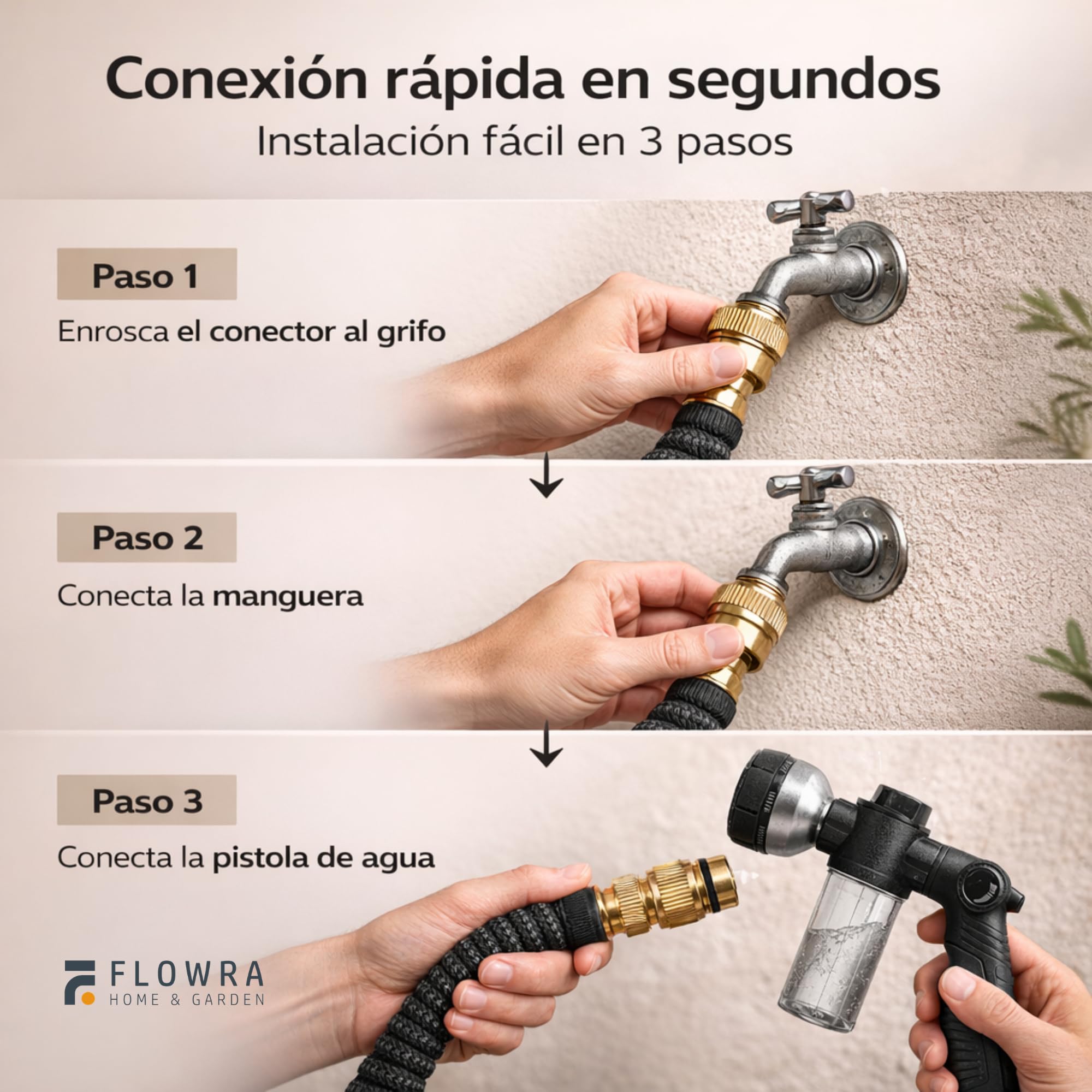 Manguera extensible de 15 metros, manguera jardin extensible de poliéster resistente 3300D, con conectores de latón y pistola con depósito de jabón, incluye set con colgador y bolsa de almacenaje