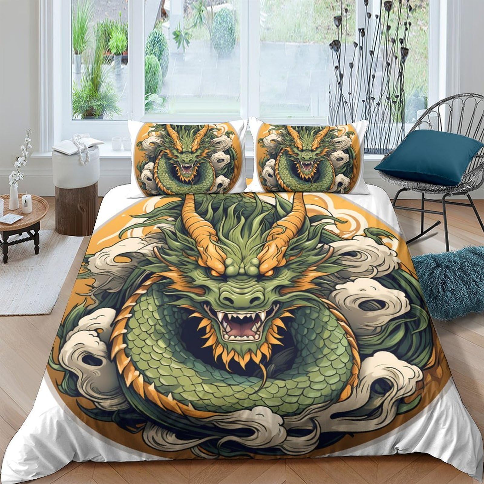 Ctjqhvkz Style-3 3D Printed Green Dragon Fitted Sheet Microfiber Soft Breathable Chinese Cloud Bed Cover For Bedroom Guest Room Decor Single（135X200cm）