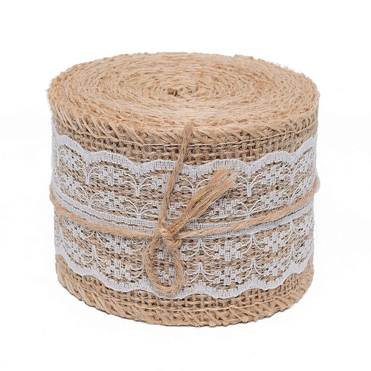 BANSURI Aristocratic 1 Rolls 2 Inch Width Natural Jute Burlap Ribbon with White Lace for DIY Home Decoration, Wedding Party Art and Craft and Gift Packaging (1 PCS)