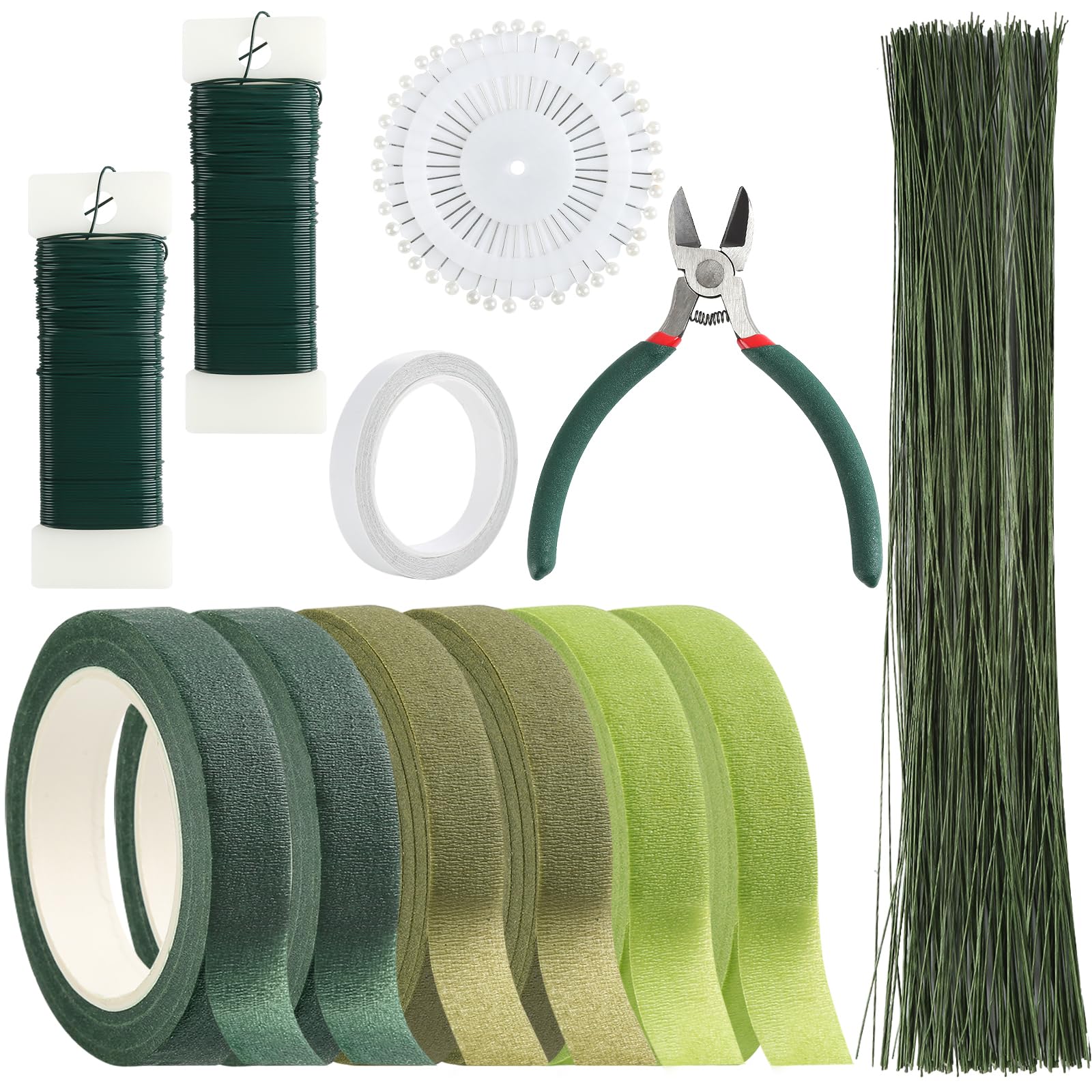 Floral Arrangement Kit, 6 Roll Green Florist Tape, 2 Style Floral Wire, Wire Cutter, Head Pins and Tape, Floristry Tapes, Flower Arranging Supplies, Flower Arranging Accessories for Bouquet, Wreath