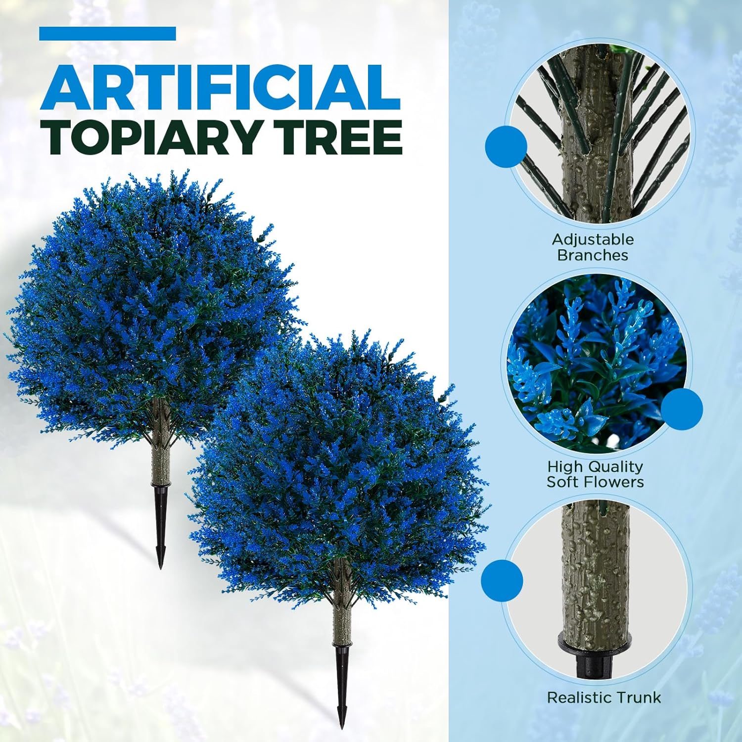2 Pack 24" Artificial Topiary Ball Plants Trees with Flowers, Outdoor Fake Topiary Plants with Ground Spike, UV Resistant Faux Bushes for Indoor Outdoor Front Door Decor(Blue,Lavender)