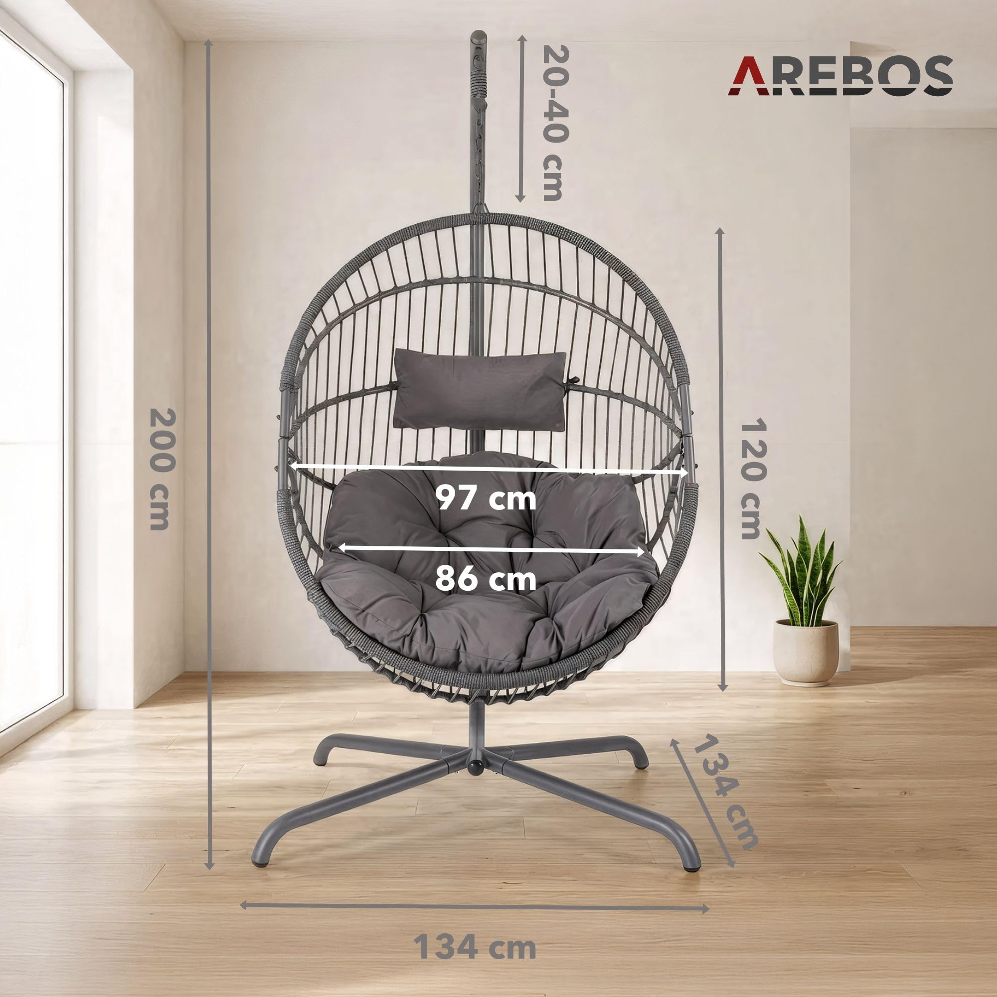 Arebos Silla Colgante de Jardín con Soporte, Sillón Huevo Exterior e Interior, Altura Regulable 160-180cm, Hamaca con Estructura de Acero 130kg, Incluye Cojines Relax para Terraza o Balcón, Color Gris
