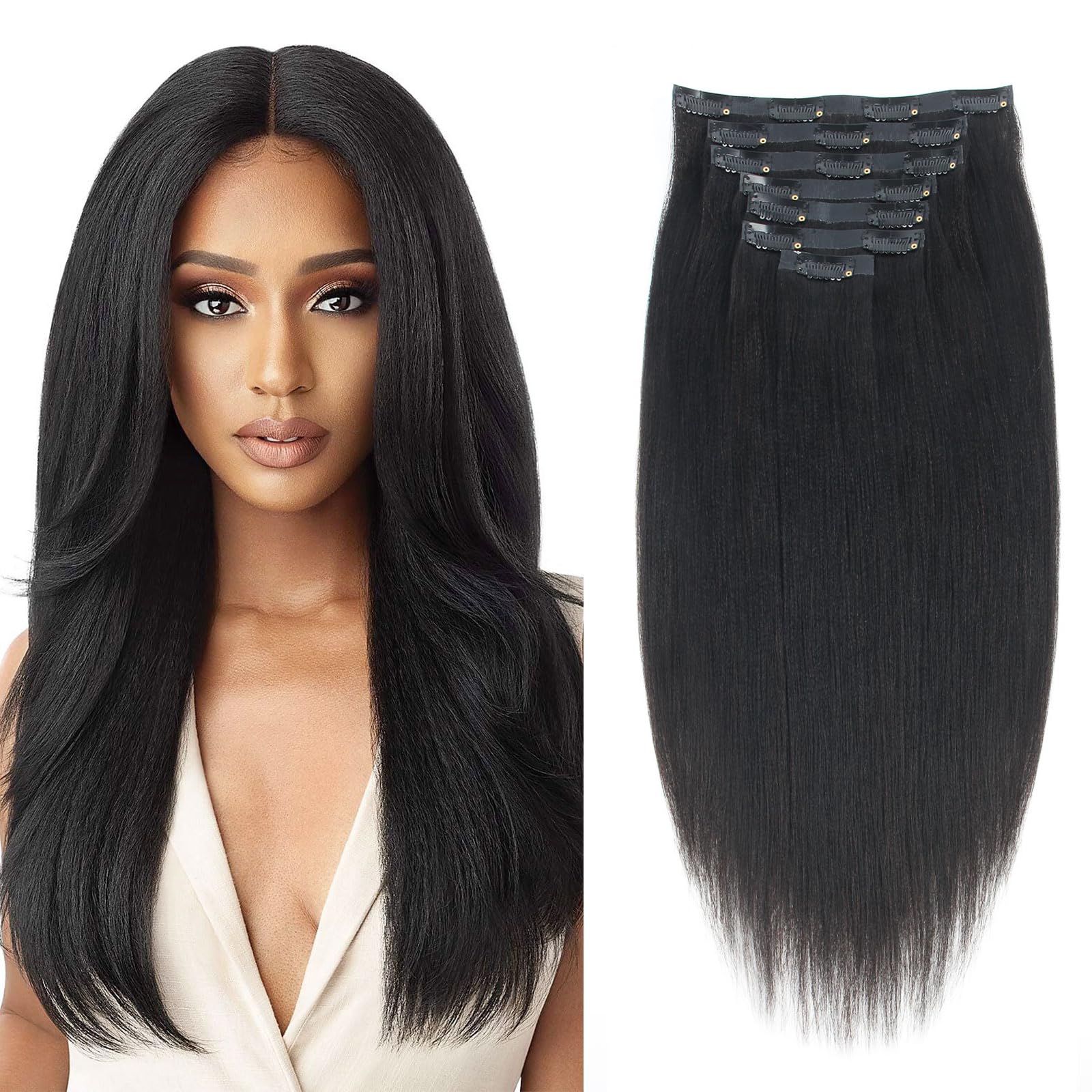 ABH AMAZINGBEAUTY Yaki Clip in Hair Extensions - Real Human Hair, Seamless, Double Weft, Straight for Black Women - PU Invisible, 14 Inch, 120G, 7Pcs