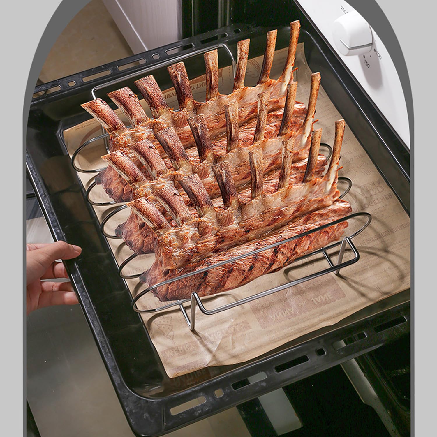 YIMINI Supporto Bistecche e Costine, Cestello per BBQ Rib Rack, Arrosto e Supporto Costine, Supporto per Arrosto Bistecca, per 5 Costolette di Ricambio Croccanti dalla Griglia e dal Forno