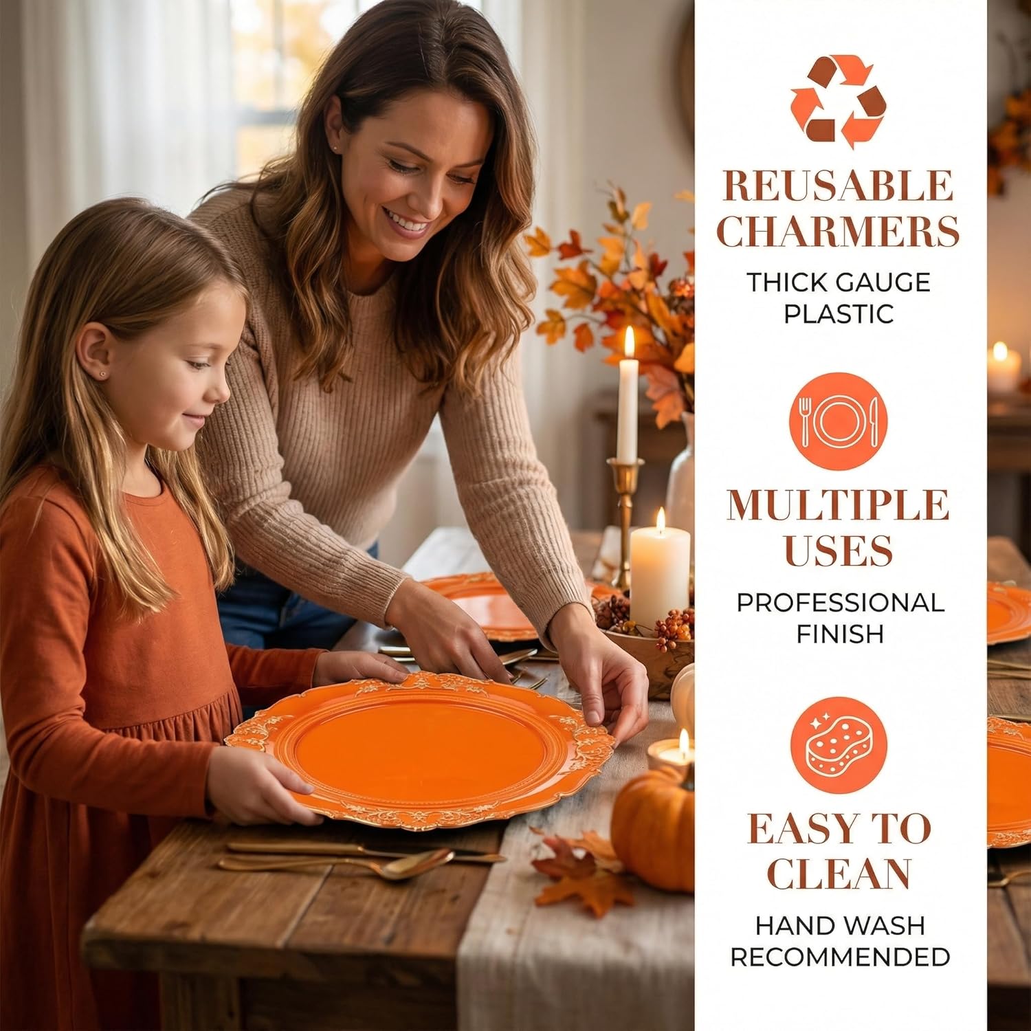 Orange Charger Plates, 13 Inch Embossed Chargers for Dinner Plates. Plastic Charger for Wedding, Party. (Set of 6)