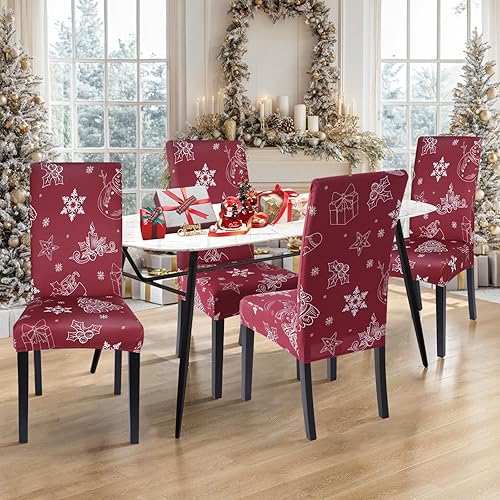 Miniatura 9 de SearchI Juego de 6 fundas para sillas de comedor navideñas, fundas elásticas para sillas Parsons, protectores de asiento lavables de elastano para