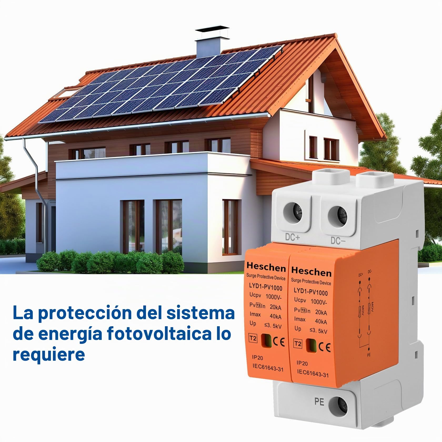 Heschen 1 Piezas Protector de Sobretensiones PV 1000VDC 2P, Descargador de Sobretensiones Fotovoltaico SPD 20kA/40kA Tipo 2, Protección contra Rayos Carril DIN 35mm