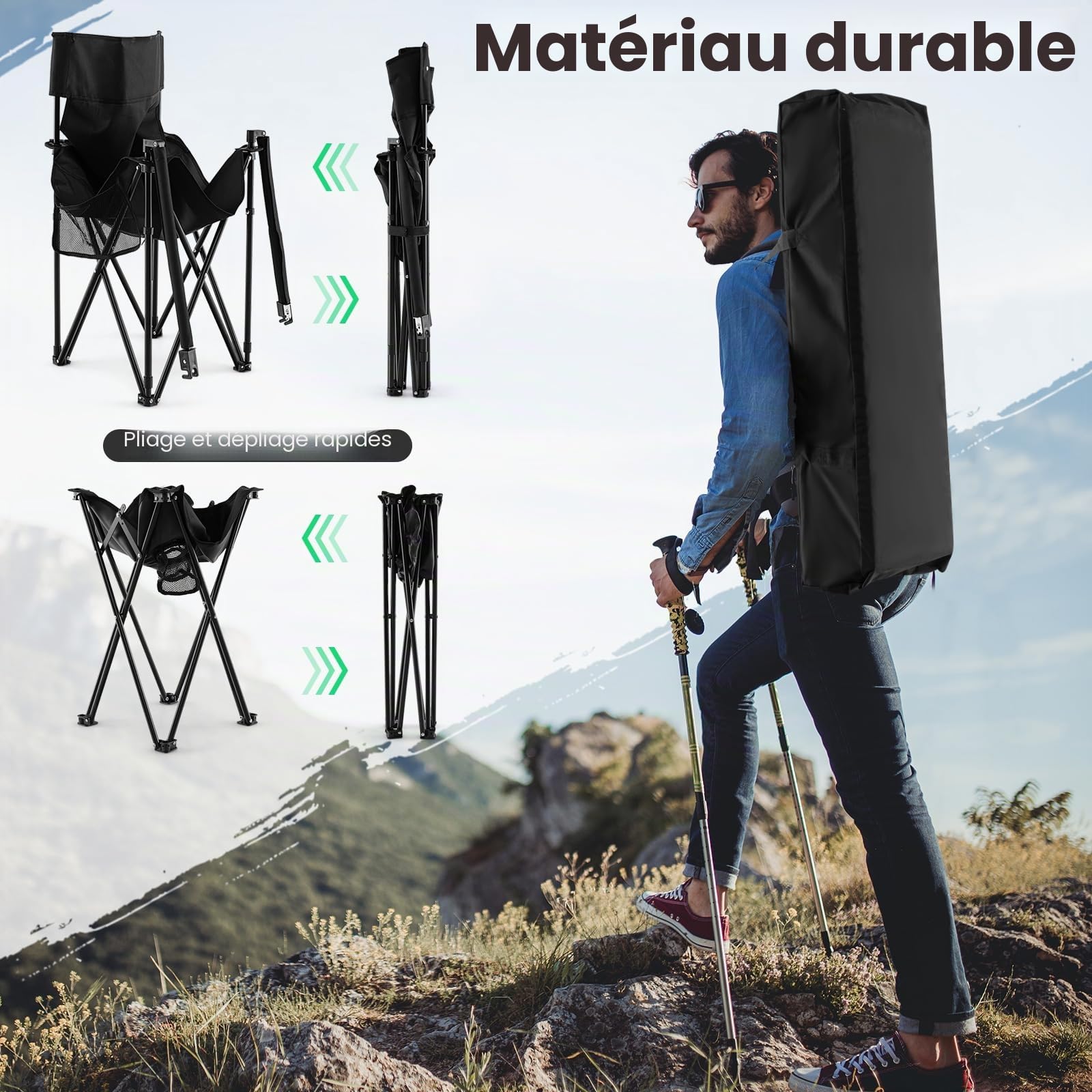 GIANTEX Chaise de camping pliante avec table, chaise de pêche, chaise de plage dans sac de transport, chaise de pêche pliable, table avec porte-gobelet, chaise de directeur, chaise de jardin pliable