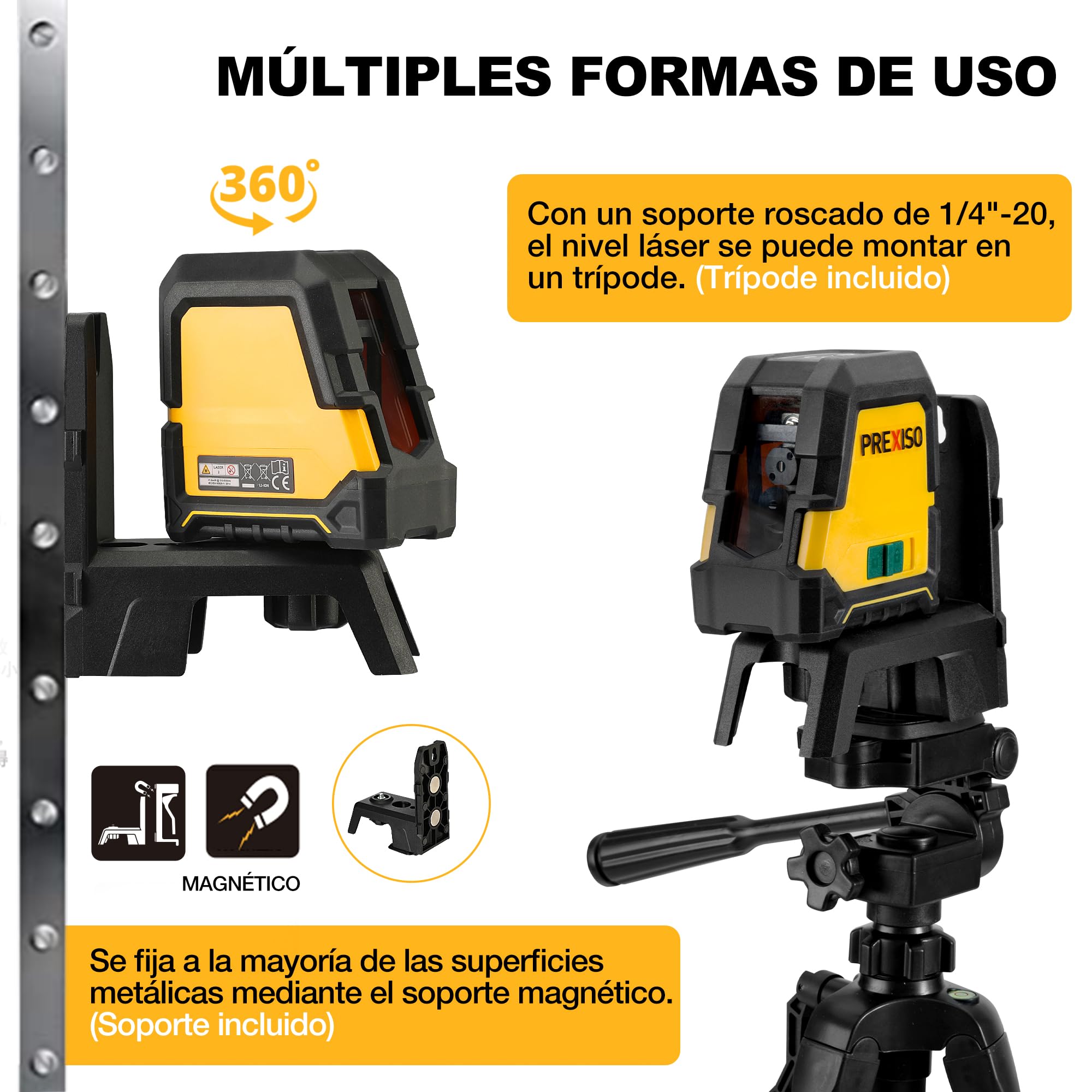 PREXISO Nivel Láser Recargable Con Trípode - Línea Vertical/Horizontal, Láser Verde Con 3 Modos, Soporte Magnético