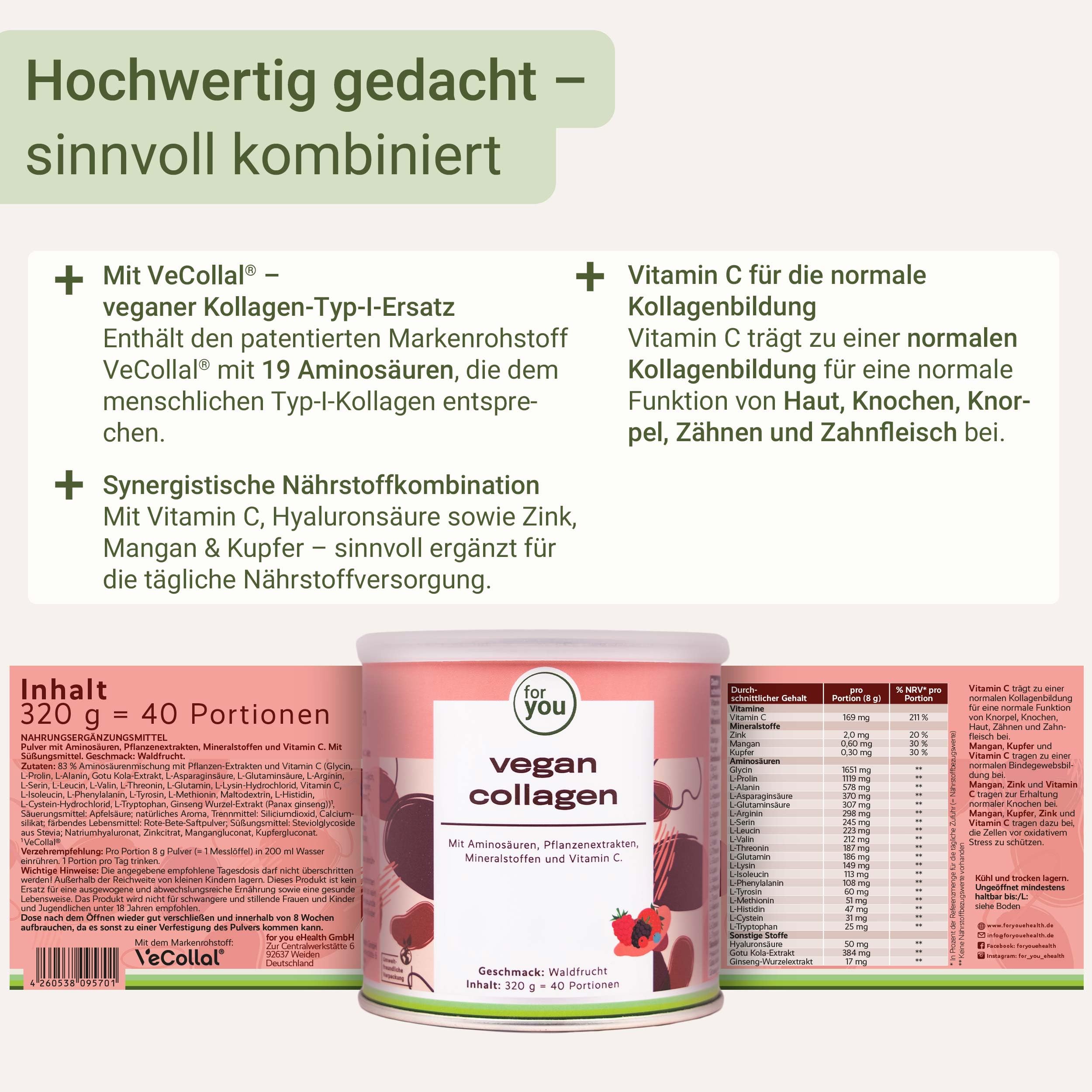 for you vegan collagen Pulver Waldfrucht + Hyaluronsäure Doppelpack - Enthält vegane Typ-1-Kollagenalternative VeCollal®, ohne Zucker, mit Biotin, Vitamin C, Zink & Silizium – für Haut, Haare & Nägel