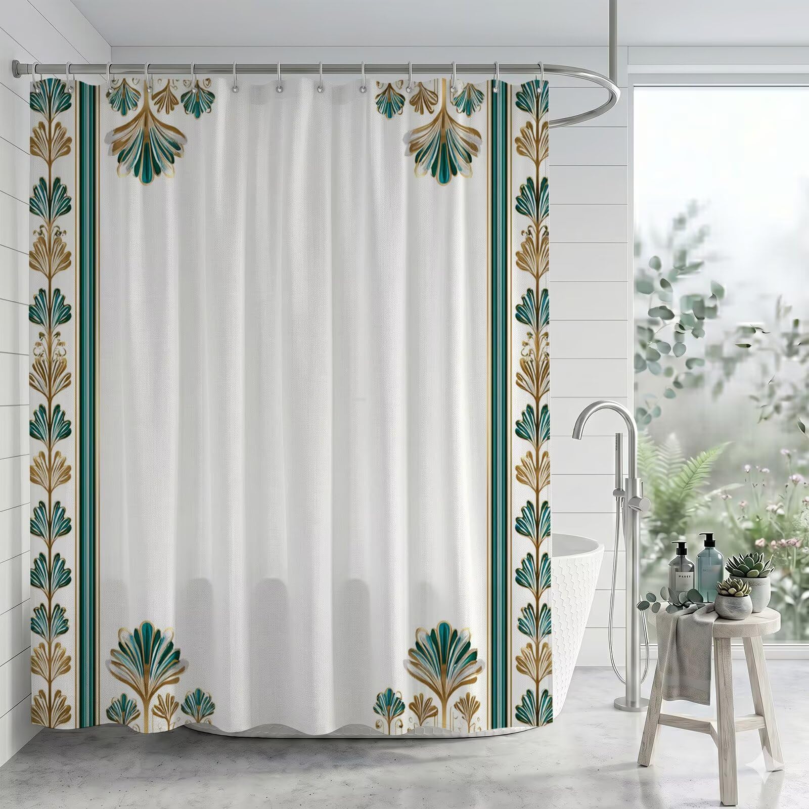 Duschvorhang 300 x 200 cm Stoff für Badezimmer & Badewanne, Wasserabweisend Duschvorhänge mit Beschwerter Saum, Blickdicht Textil Vorhang Polyester Waschbar inkl Ringe (Grün Einfach), Q-o738