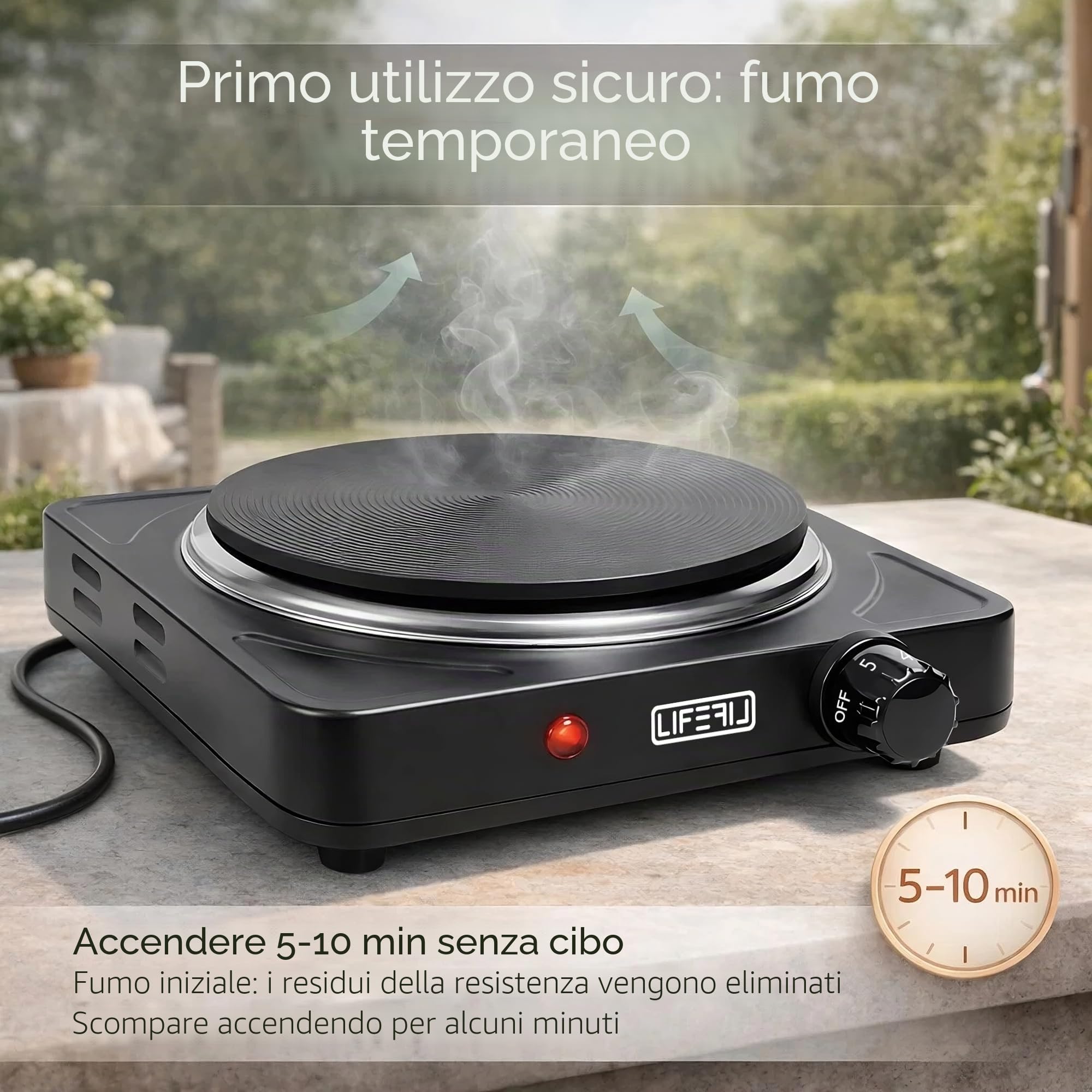 Fornello elettrico portatile per cottura CookMate 1000 W. Piastra per alimenti ad alta potenza, ideale per campeggio, terrazza, roulotte. Adatto a tutte le padelle. Nero
